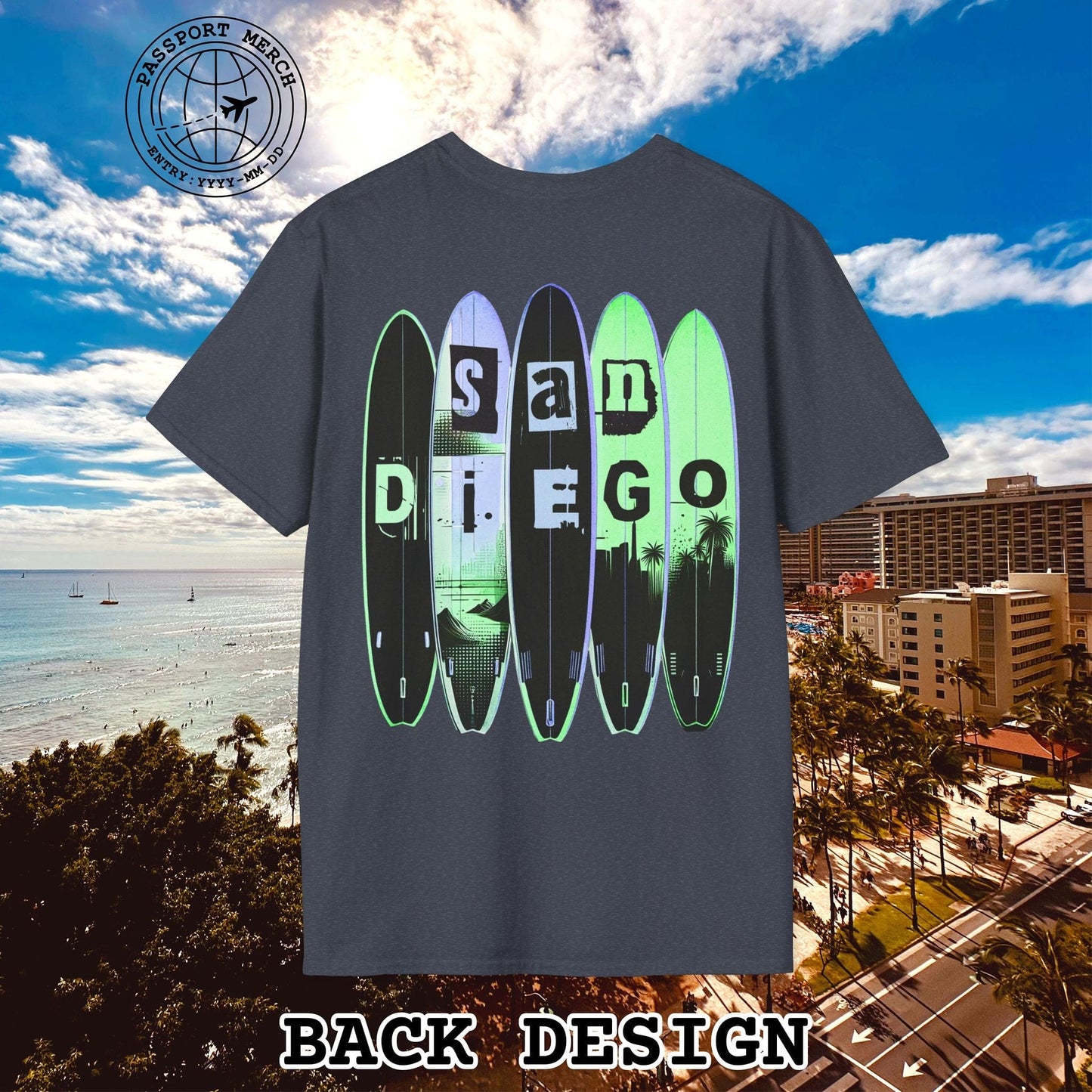 Surfboard Dreams San Diego, California, Back Print T-Shirt