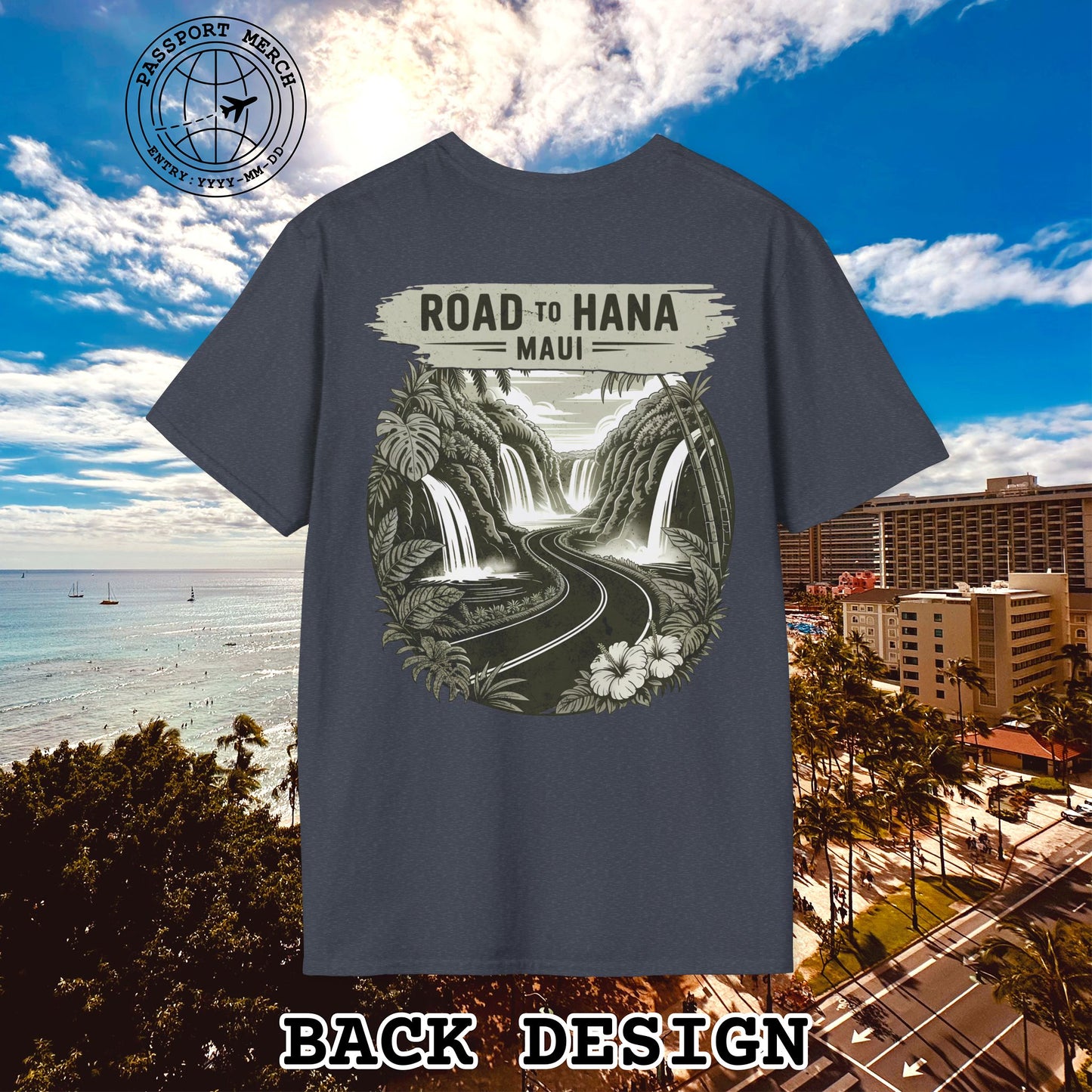 Vintage Road to Hana, Maui, Hawaii, Back Print T-Shirt