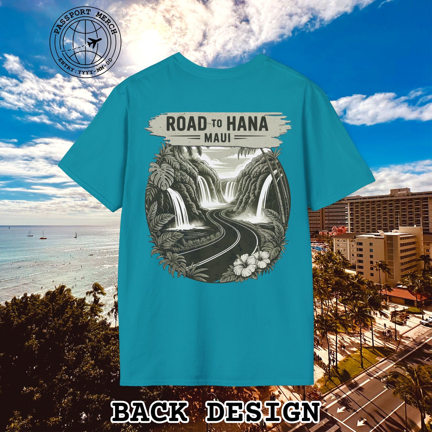 Vintage Road to Hana, Maui, Hawaii, Back Print T-Shirt