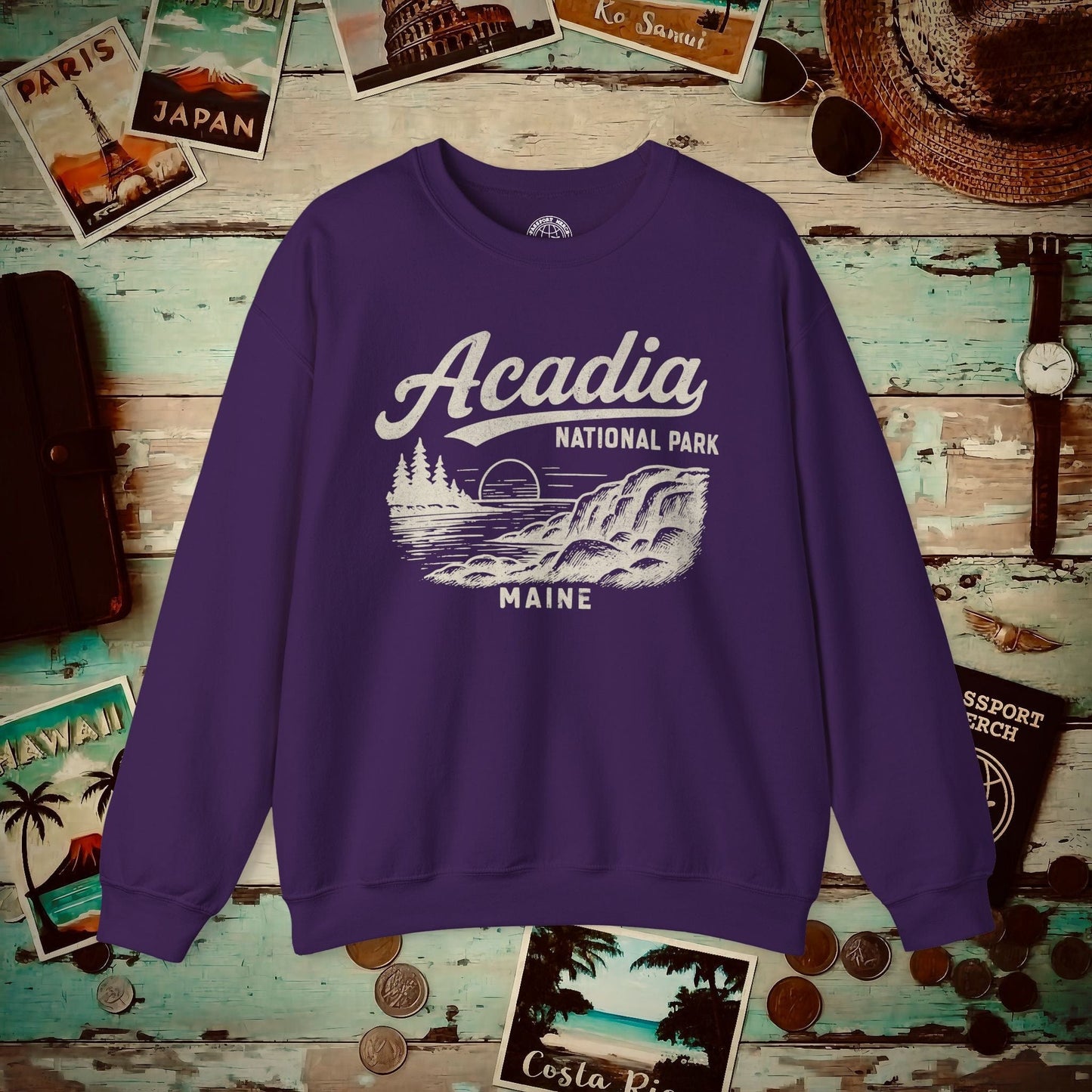 Acadia National Park Vintage Monochrome, Maine Crewneck Purple / S