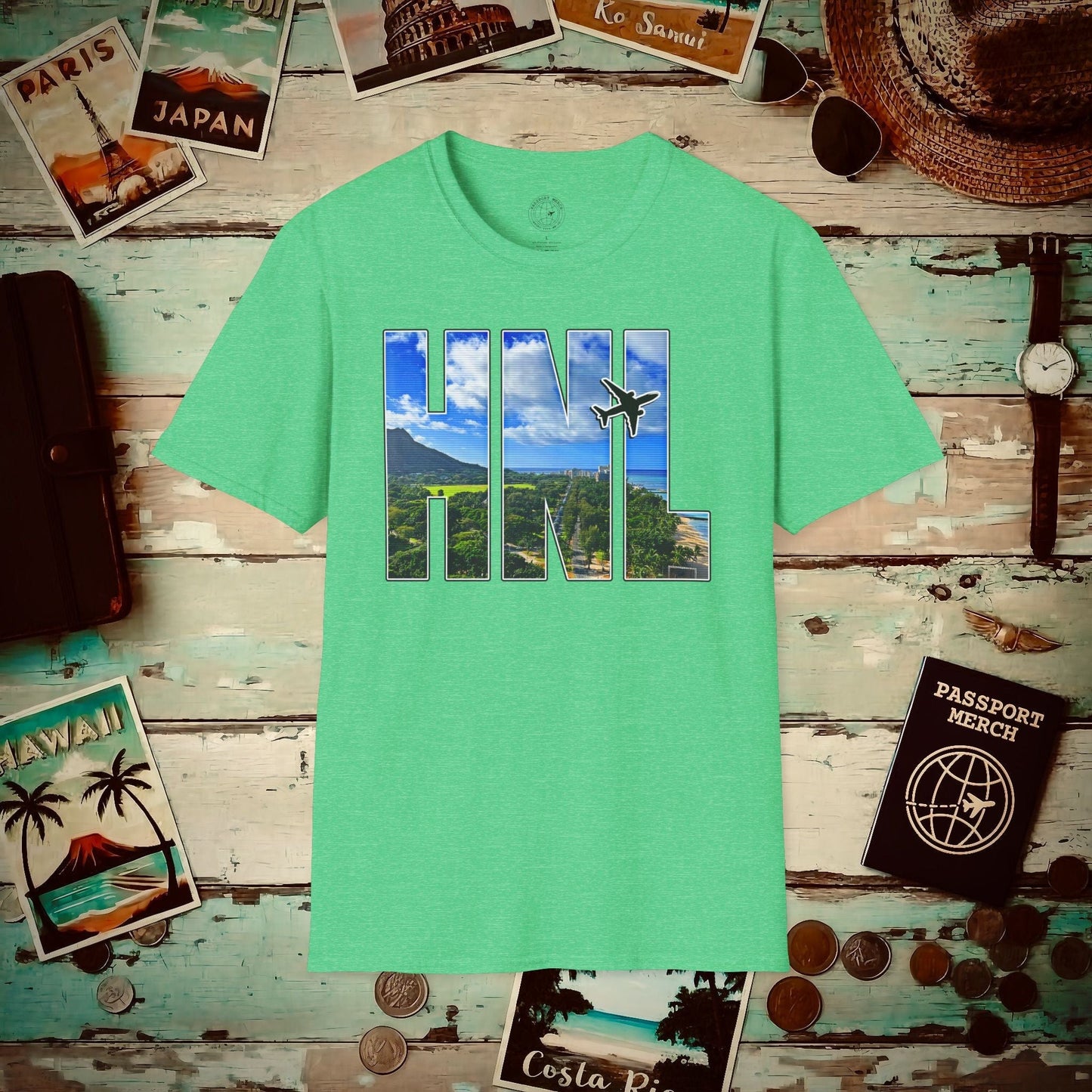 Airport Window Honolulu Oahu Hawaii HNL T-Shirt Heather Irish Green / S