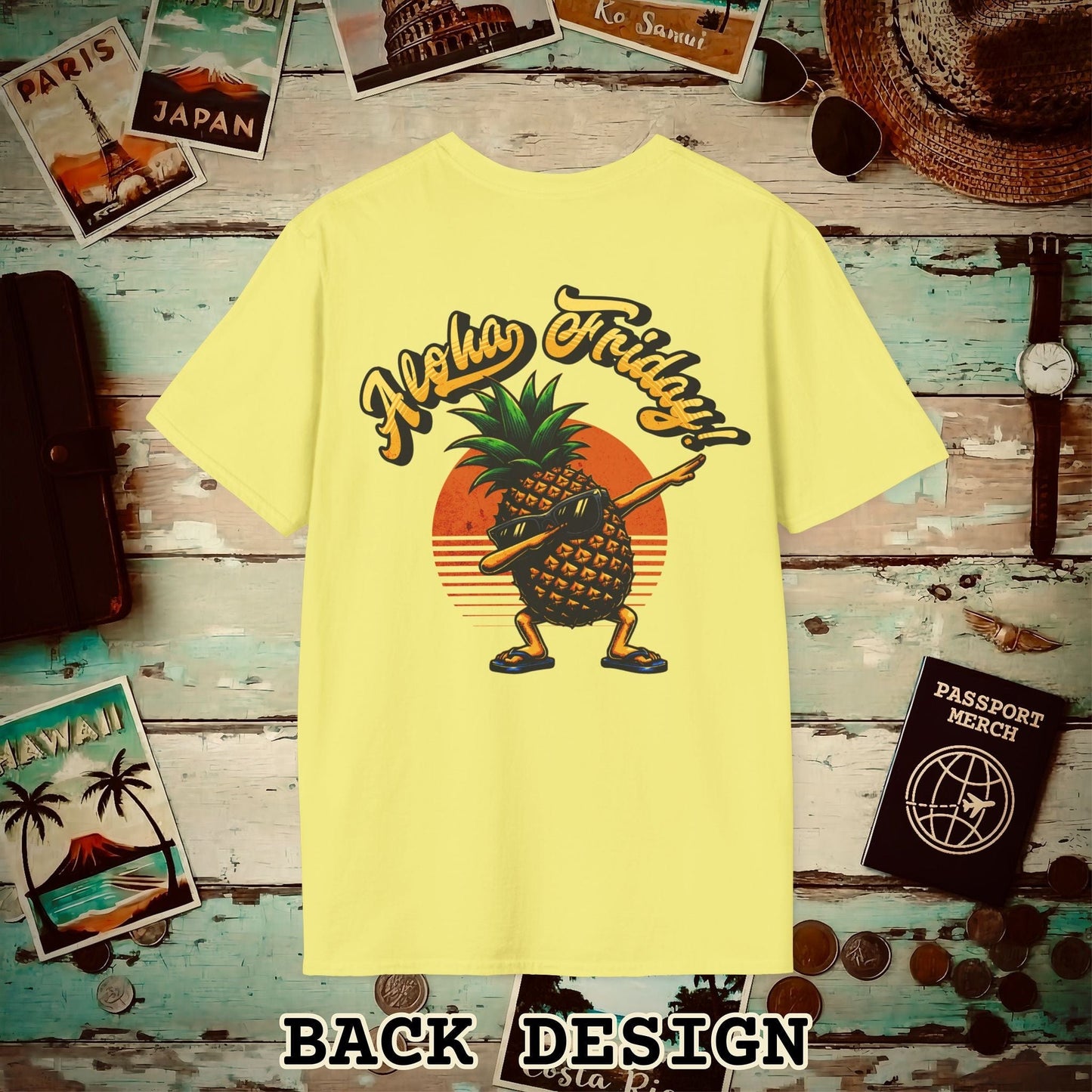 Aloha Friday Dabbing Pineapple Hawaii, Back Print T-Shirt Cornsilk / S