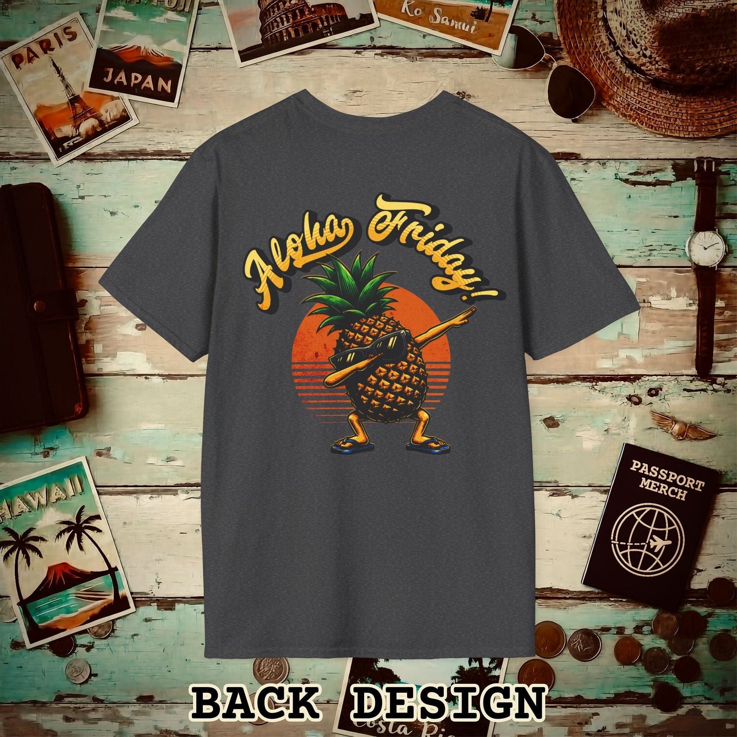Aloha Friday Dabbing Pineapple Hawaii, Back Print T-Shirt Dark Heather / S