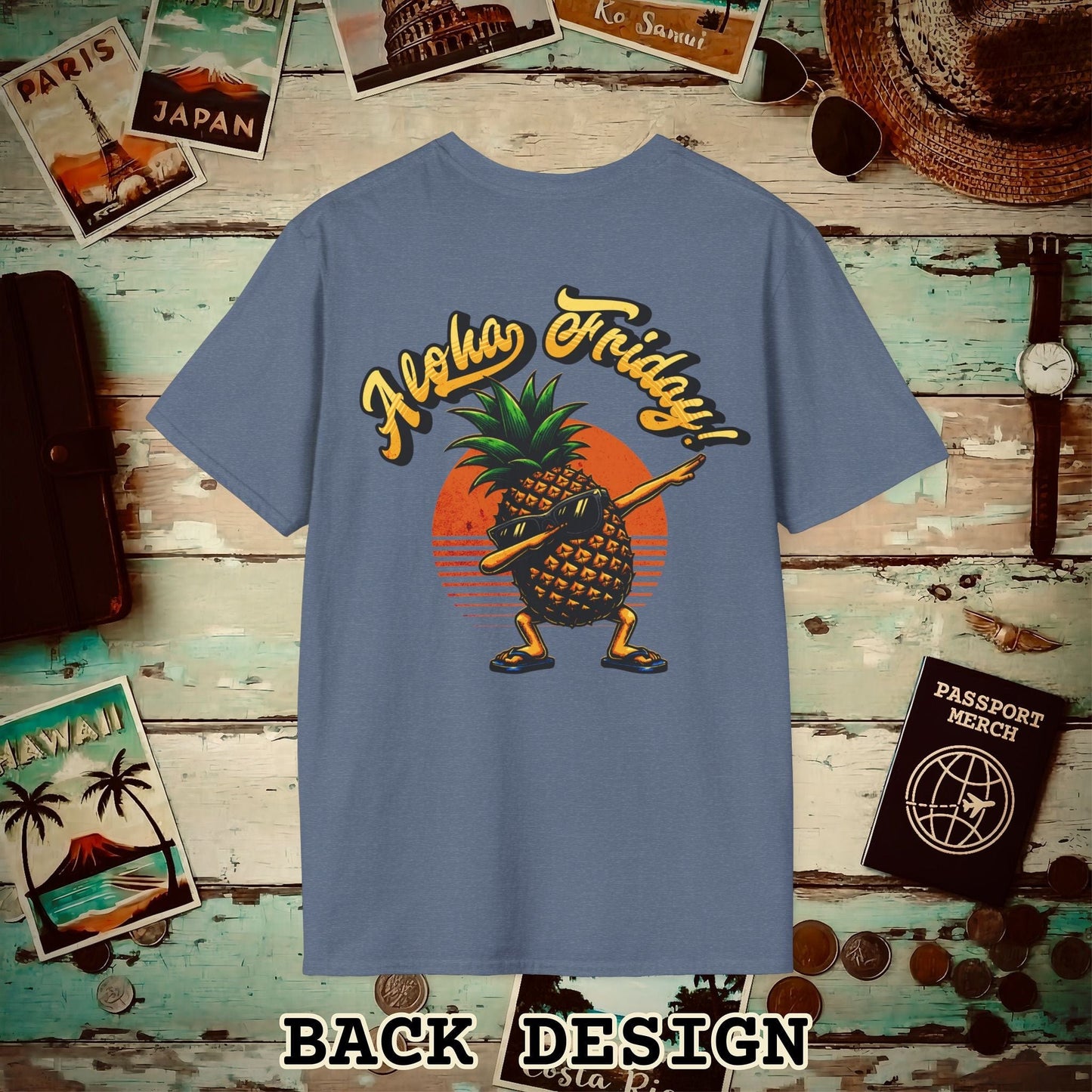 Aloha Friday Dabbing Pineapple Hawaii, Back Print T-Shirt Heather Indigo / S