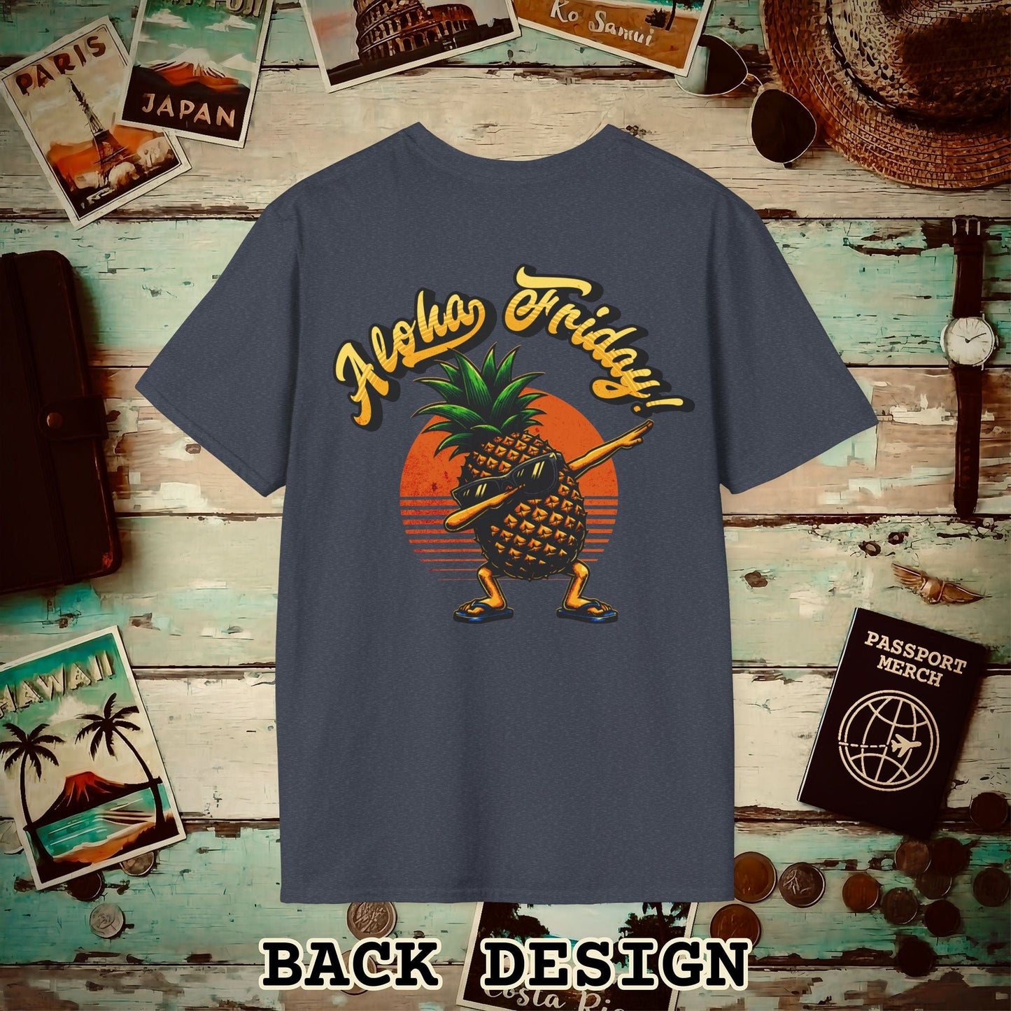 Aloha Friday Dabbing Pineapple Hawaii, Back Print T-Shirt Heather Navy / S