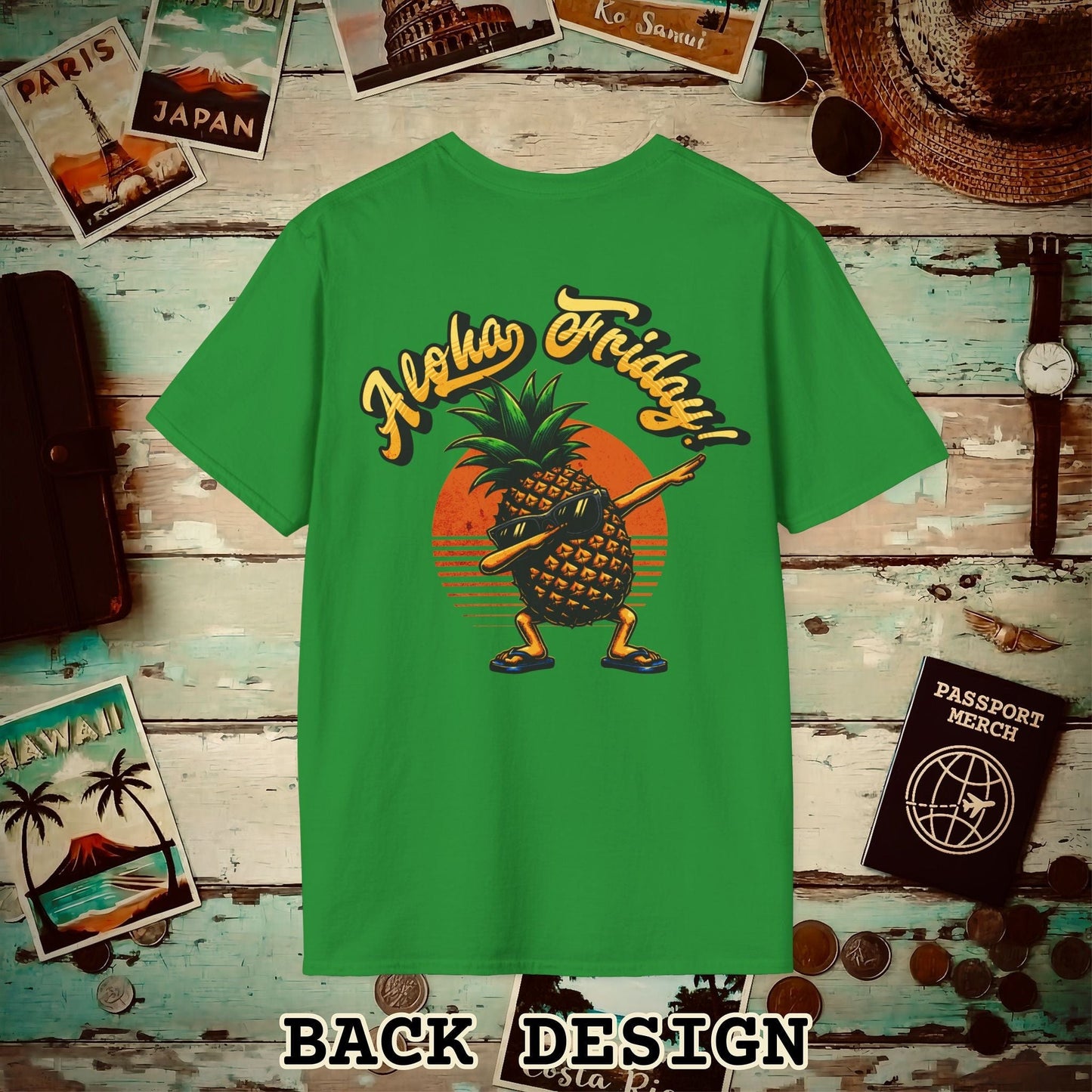 Aloha Friday Dabbing Pineapple Hawaii, Back Print T-Shirt Irish Green / S