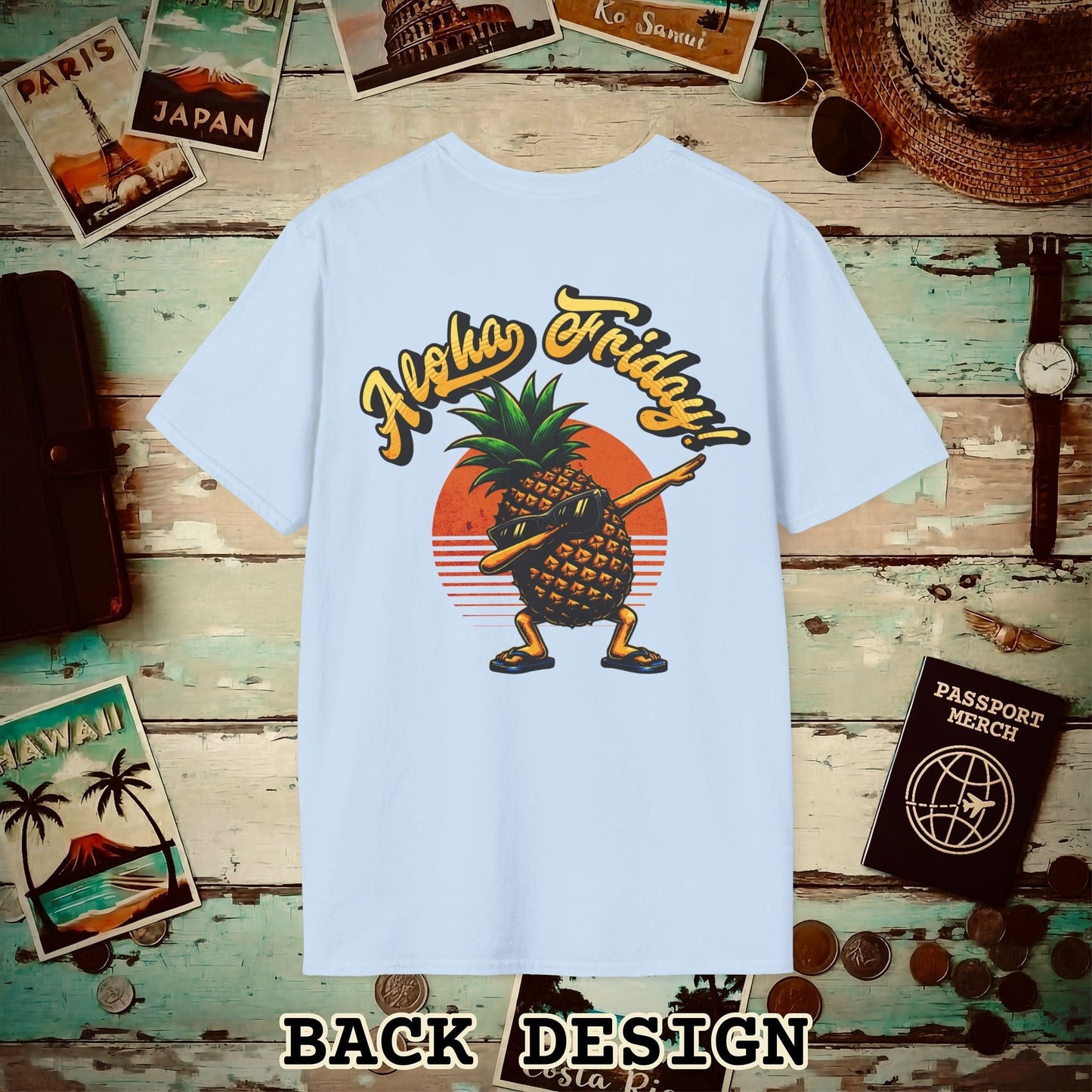 Aloha Friday Dabbing Pineapple Hawaii, Back Print T-Shirt Light Blue / S