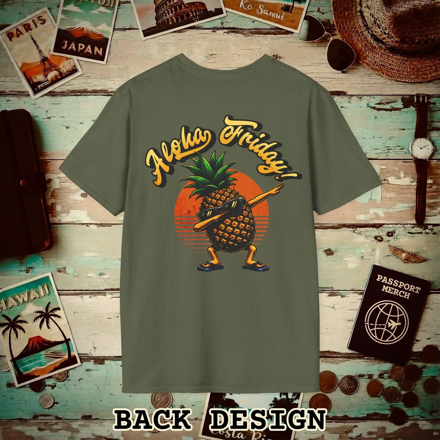 Aloha Friday Dabbing Pineapple Hawaii, Back Print T-Shirt Military Green / S