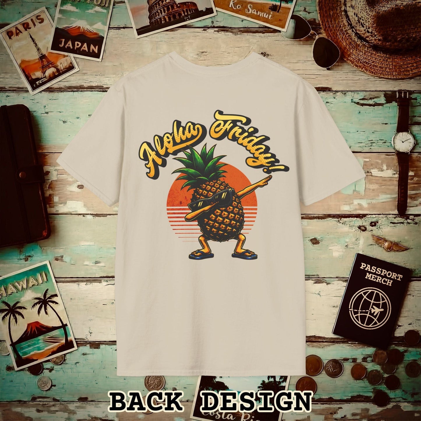 Aloha Friday Dabbing Pineapple Hawaii, Back Print T-Shirt Sand / S
