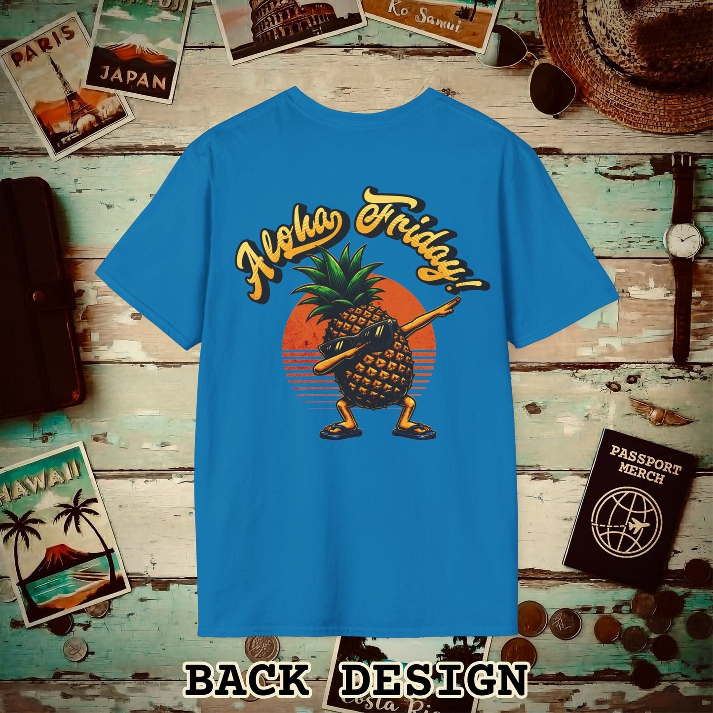 Aloha Friday Dabbing Pineapple Hawaii, Back Print T-Shirt Sapphire / S