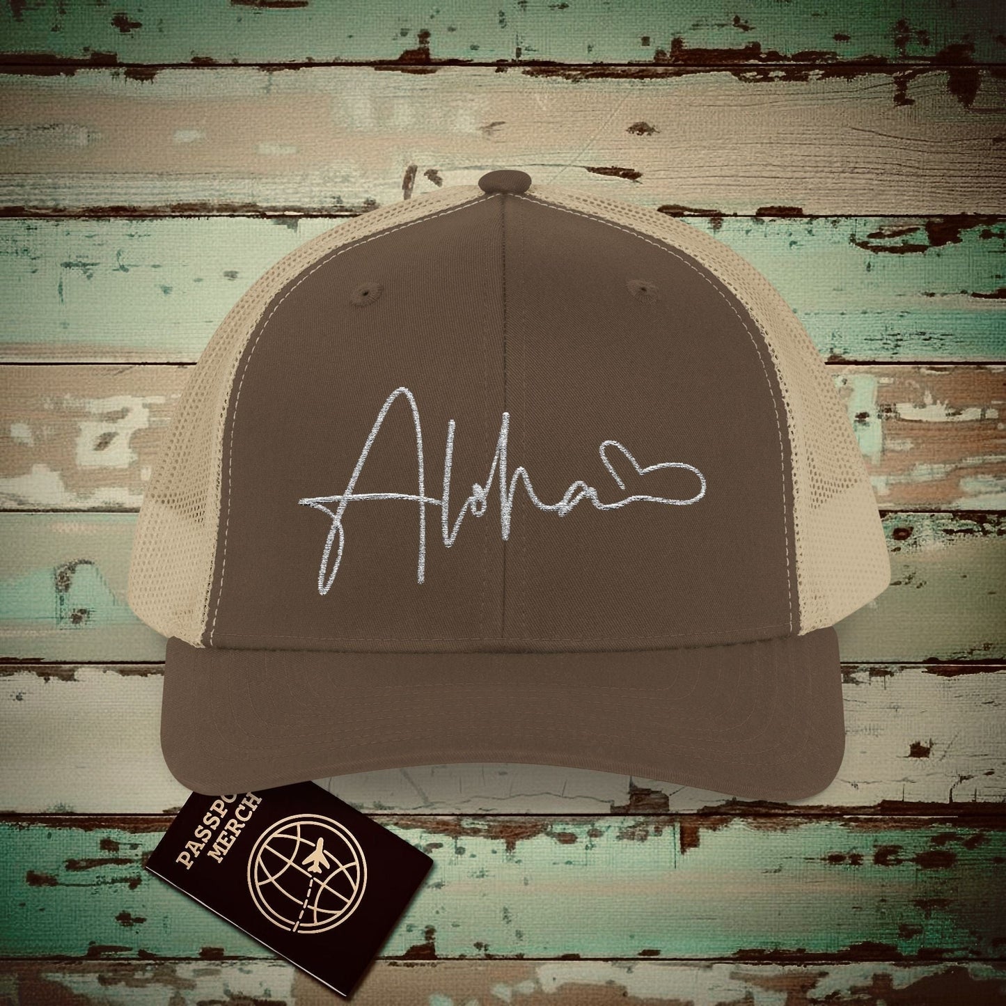 Aloha Heart Signature, Hawaii Embroidered Trucker Hat Brown / Khaki / One size