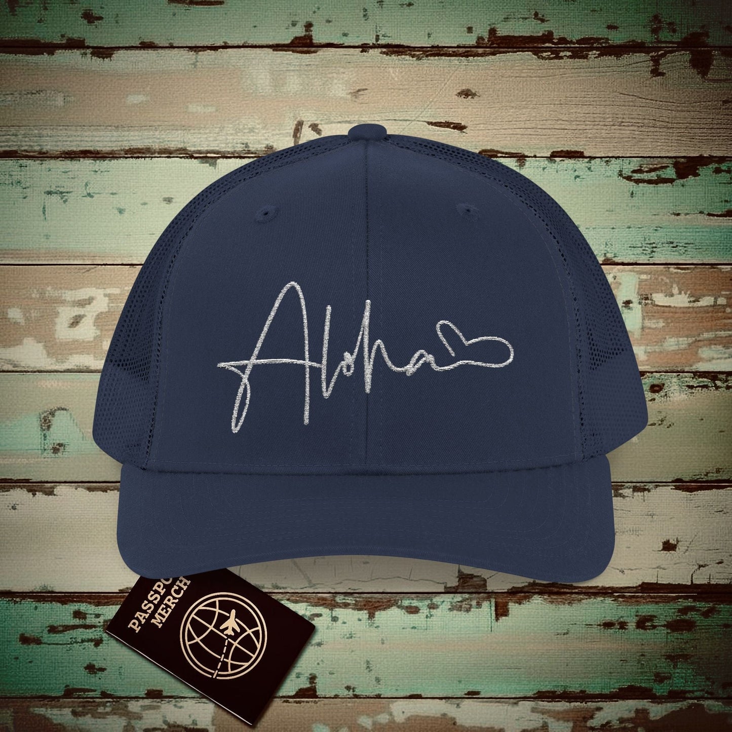 Aloha Heart Signature, Hawaii Embroidered Trucker Hat Navy / One size