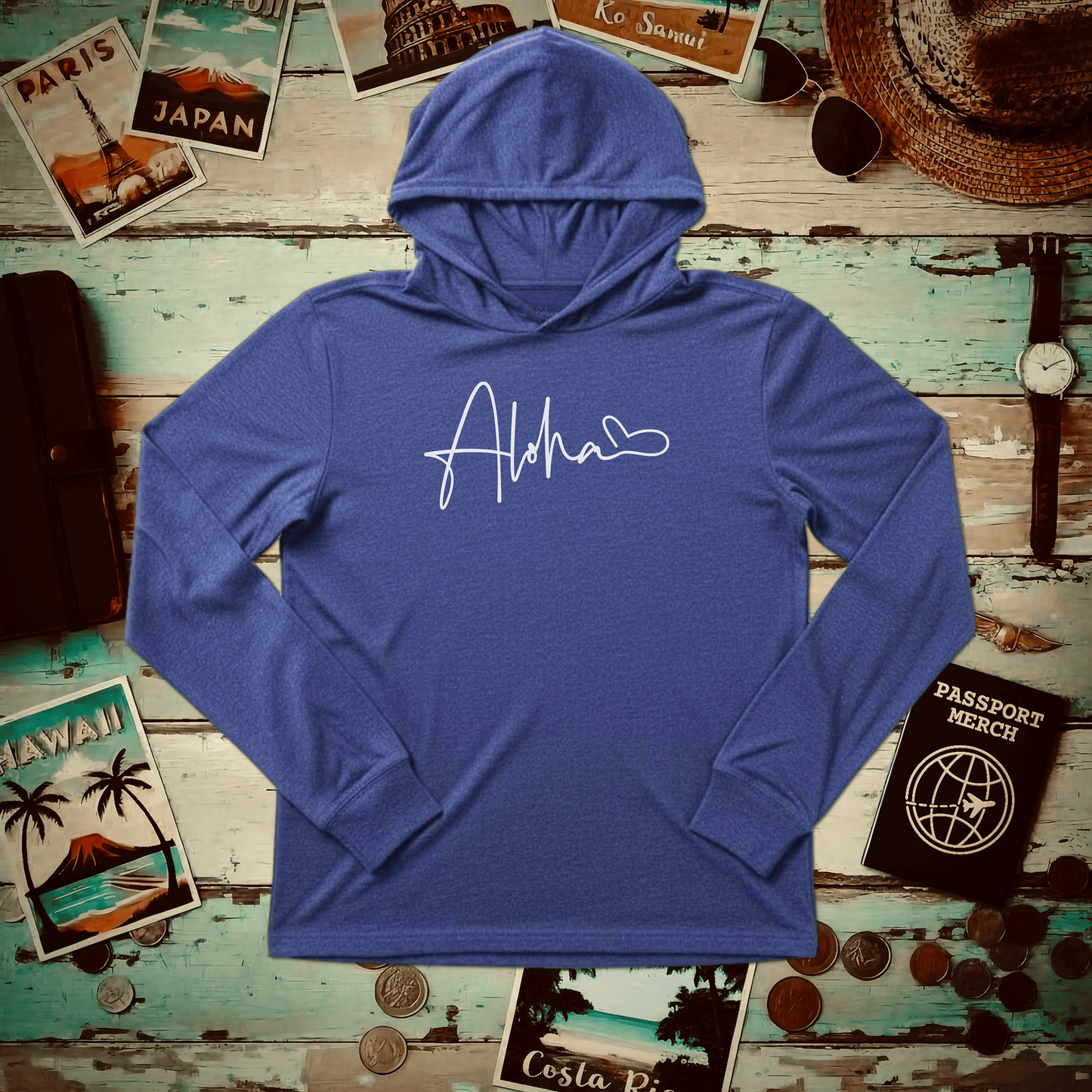 Aloha Heart Signature, Hawaii Hooded Long Sleeve Heather True Royal / XS