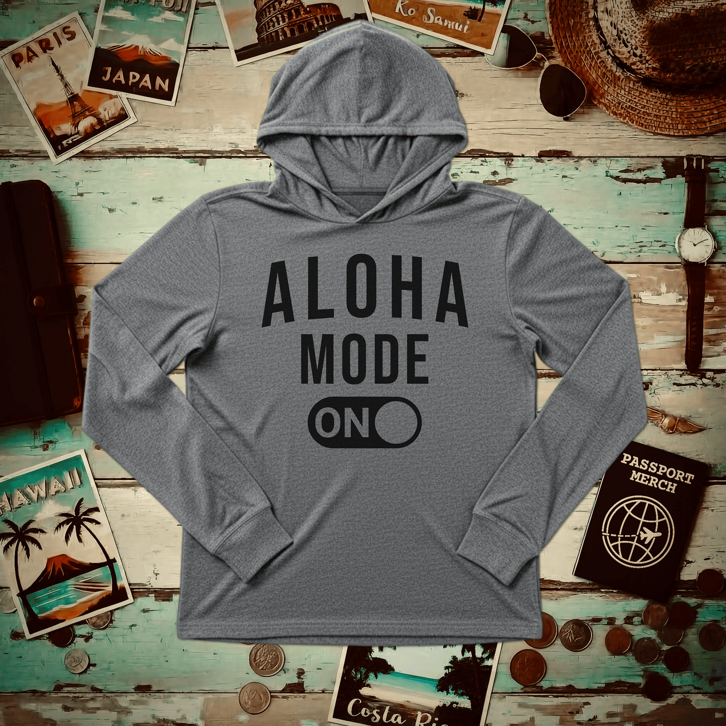 Aloha Mode ON, Hawaii Hooded Long Sleeve Grey TriBlend / XS