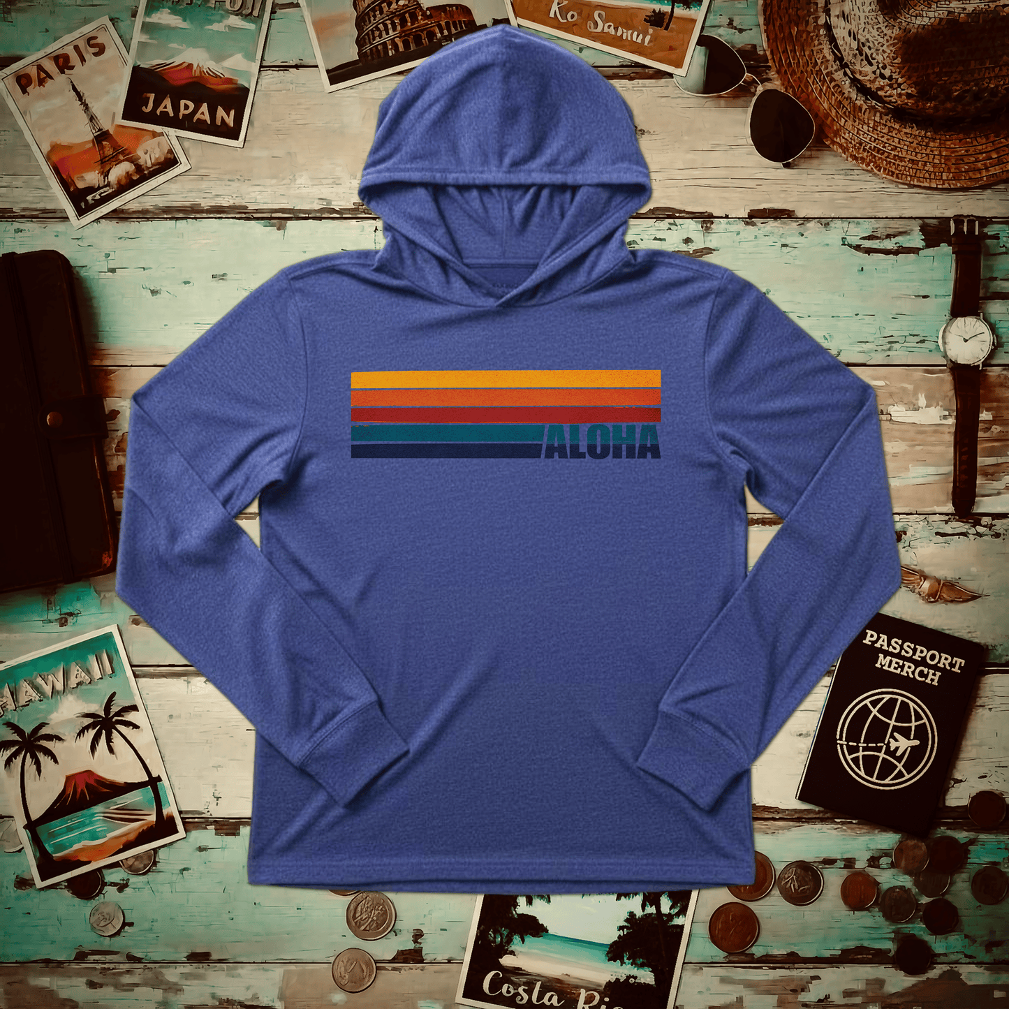 Aloha Retro Stripes, Hawaii Hooded Long Sleeve Heather True Royal / XS