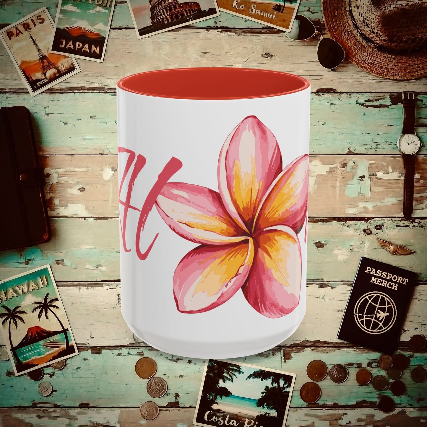 Aloha Watercolor Plumeria, Hawaii 15oz Mug Red / 15oz