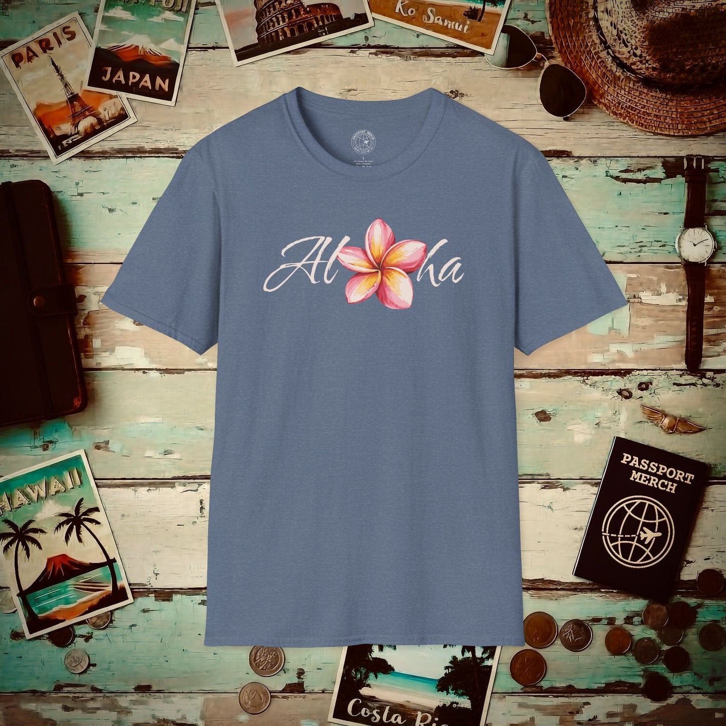Aloha Watercolor Plumeria, Hawaii T-Shirt Heather Indigo / S