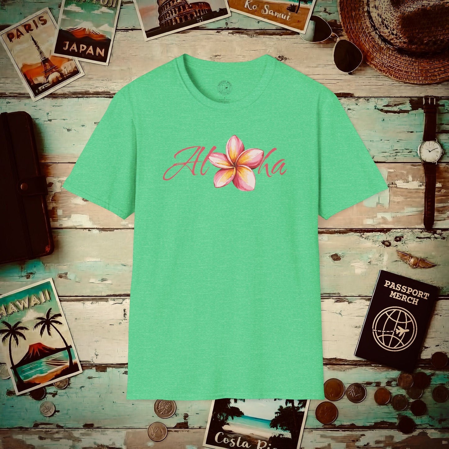 Aloha Watercolor Plumeria, Hawaii T-Shirt Heather Irish Green / S
