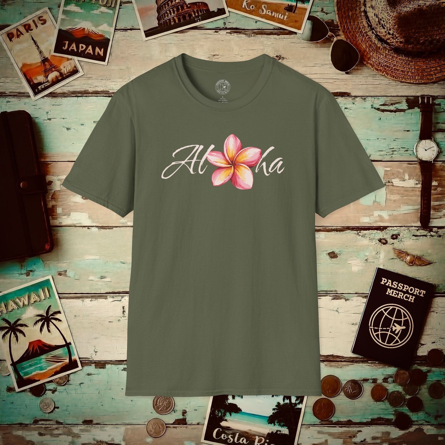 Aloha Watercolor Plumeria, Hawaii T-Shirt Military Green / S