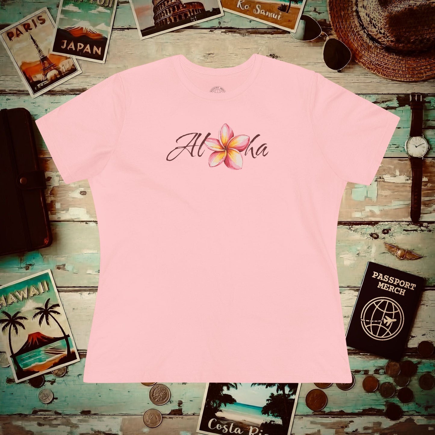 Aloha Watercolor Plumeria, Hawaii, Womens Fit T-Shirt Pink / S
