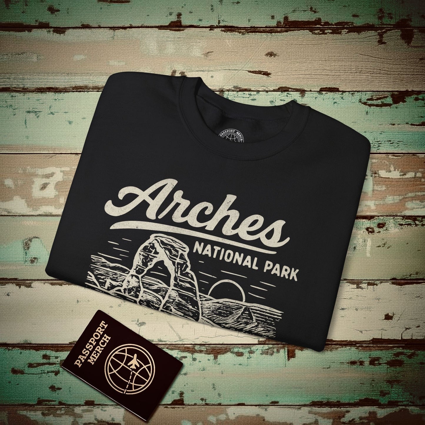 Arches National Park Vintage Monochrome, Utah Crewneck Black / S