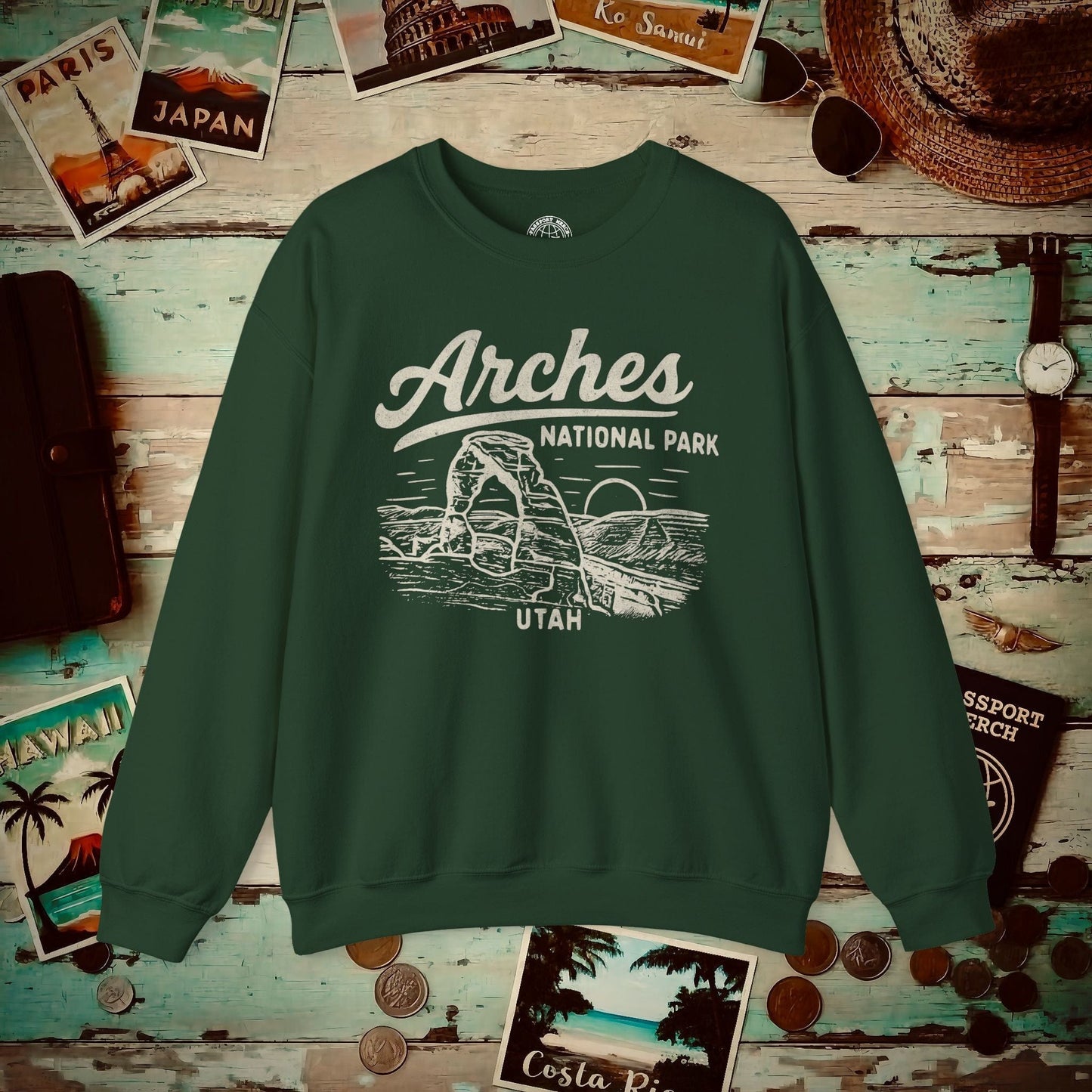 Arches National Park Vintage Monochrome, Utah Crewneck Forest Green / S