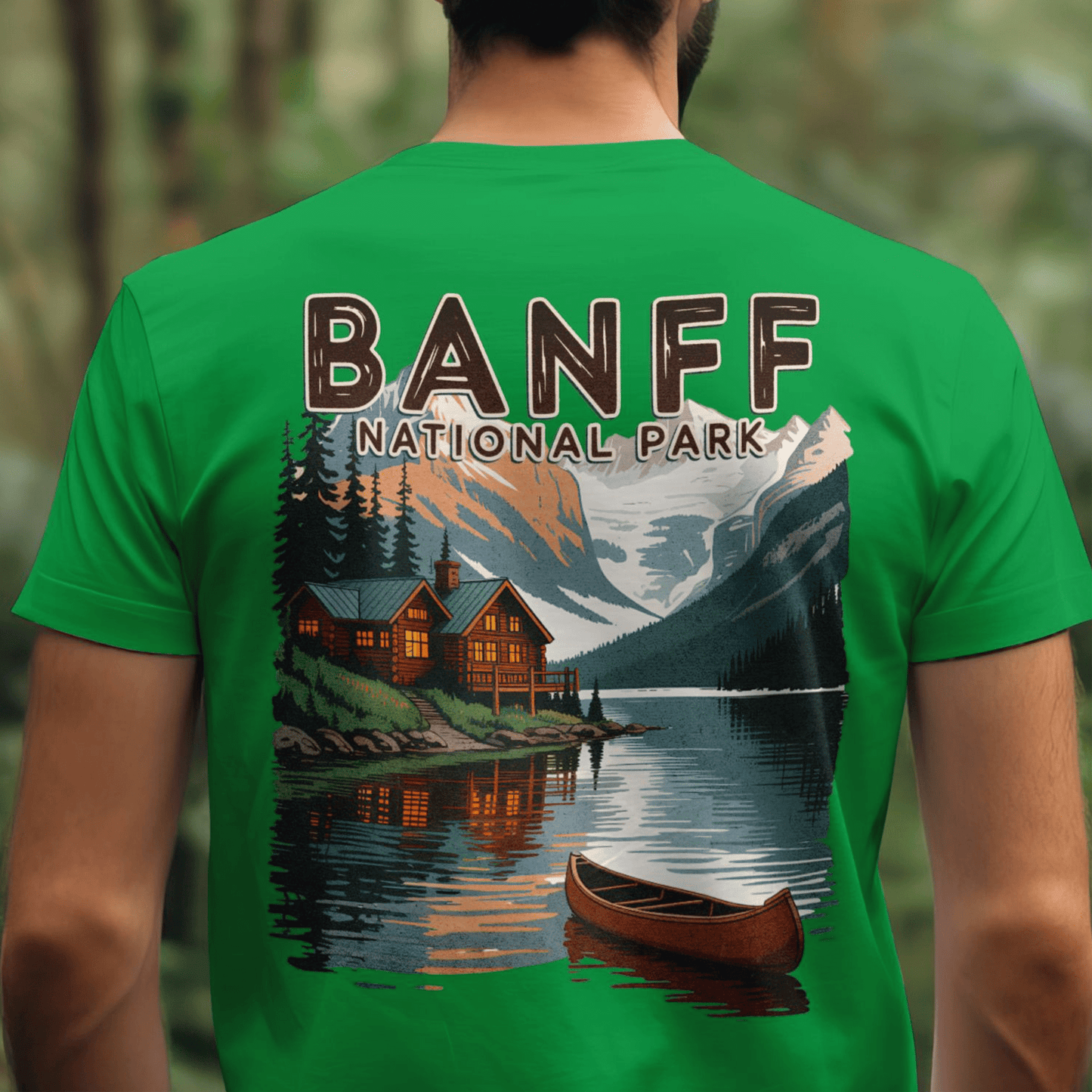 Banff National Park, Canada, Back Print T-Shirt Irish Green / S