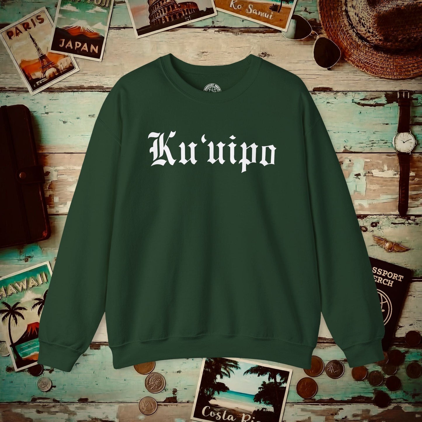 Black and White Ku'uipo (Hawaiian Jewelry Style) Crewneck Forest Green / S