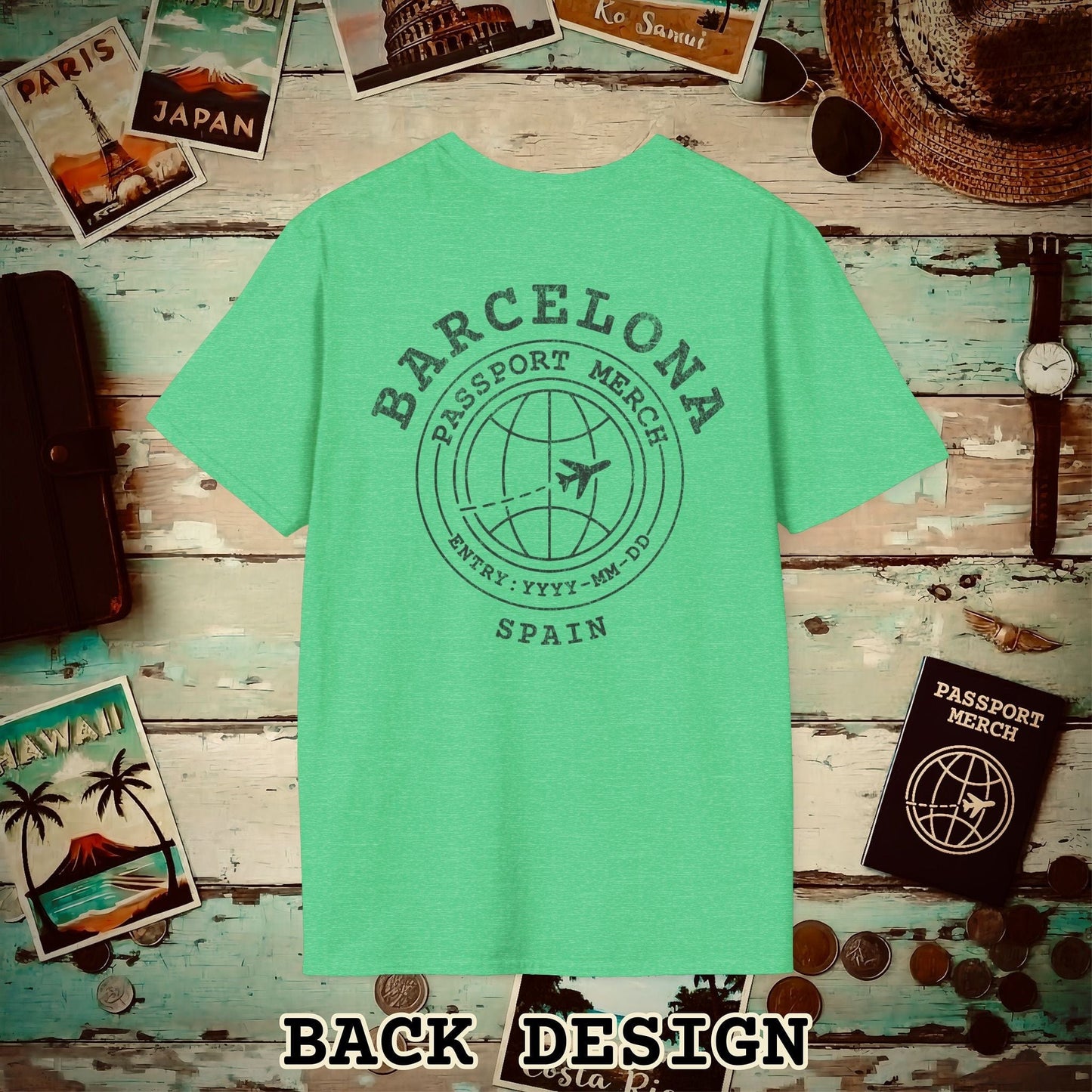 Brand Passport Stamp, Barcelona Spain, Back Print T-Shirt Heather Irish Green / S