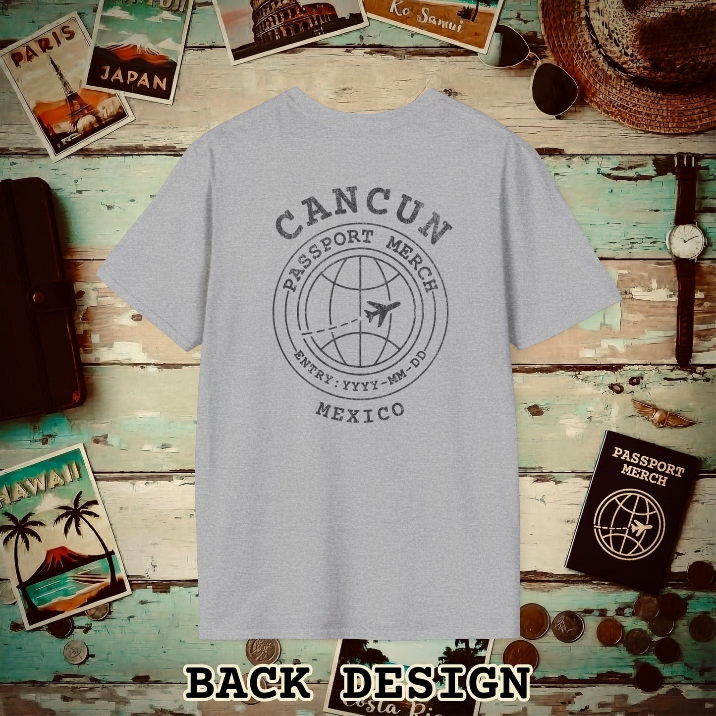 Brand Passport Stamp, Cancun Mexico, Back Print T-Shirt Sport Grey / S