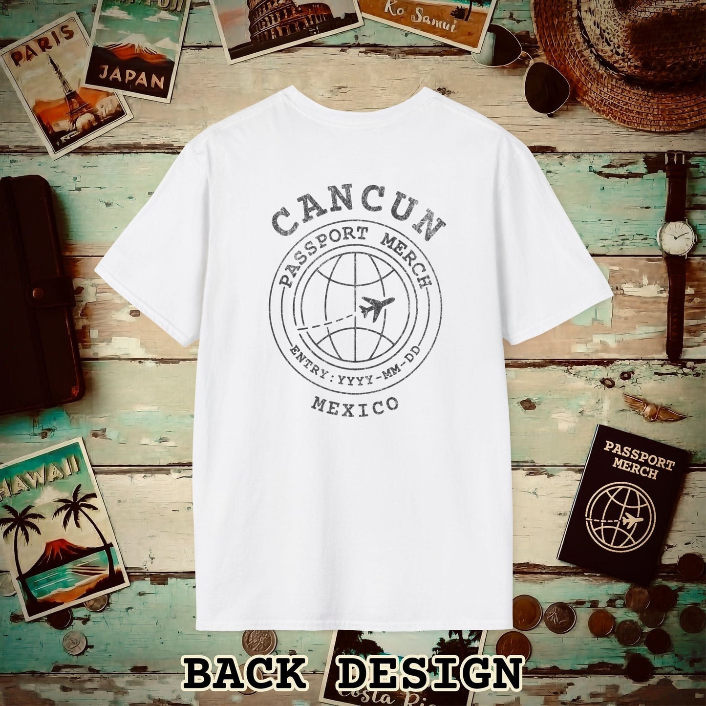 Brand Passport Stamp, Cancun Mexico, Back Print T-Shirt White / S