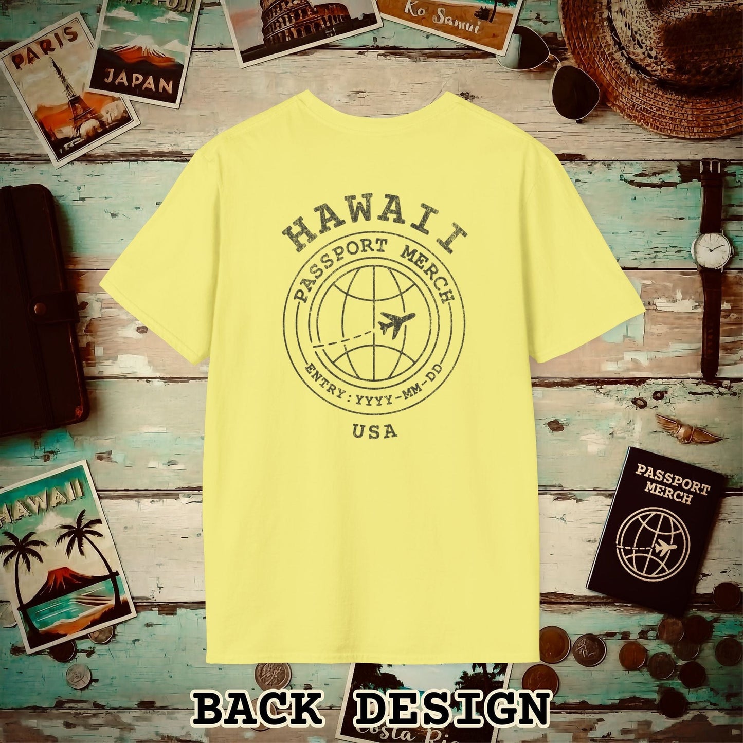 Brand Passport Stamp, Hawaii, Back Print T-Shirt Cornsilk / S