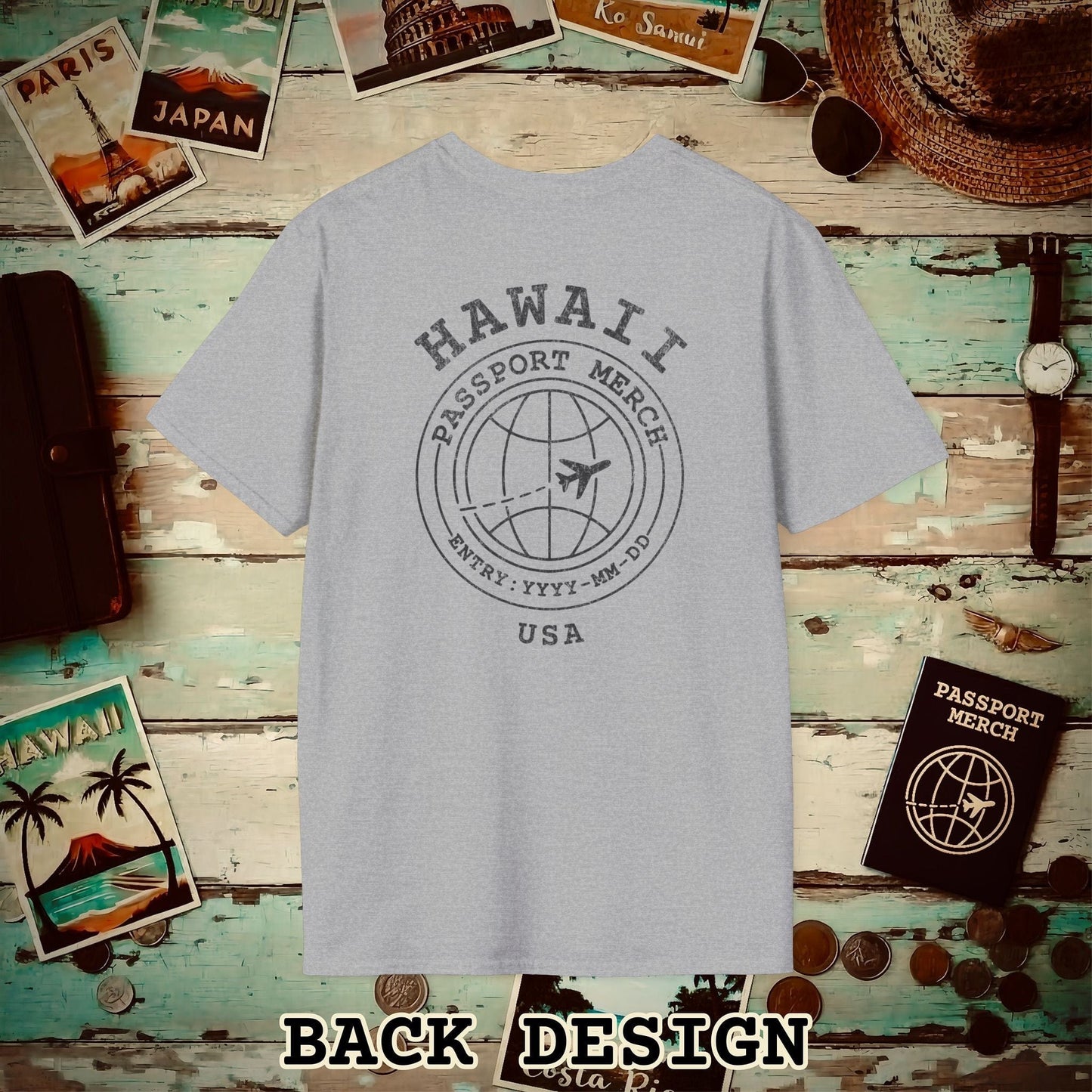 Brand Passport Stamp, Hawaii, Back Print T-Shirt Sport Grey / S