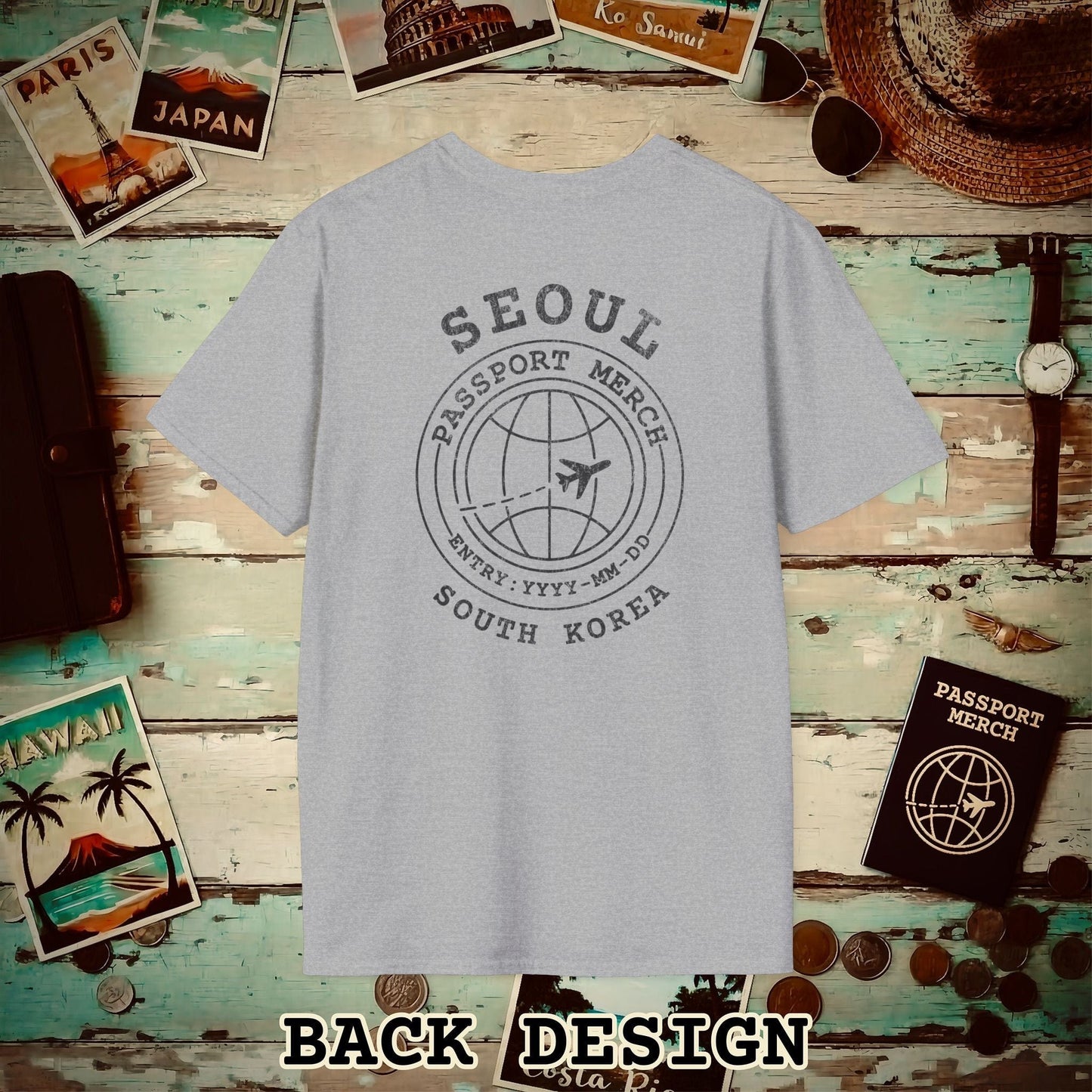 Brand Passport Stamp, Seoul South Korea, Back Print T-Shirt Sport Grey / S