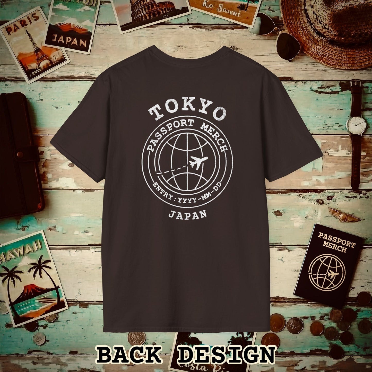 Brand Passport Stamp, Tokyo Japan, Back Print T-Shirt Dark Chocolate / S