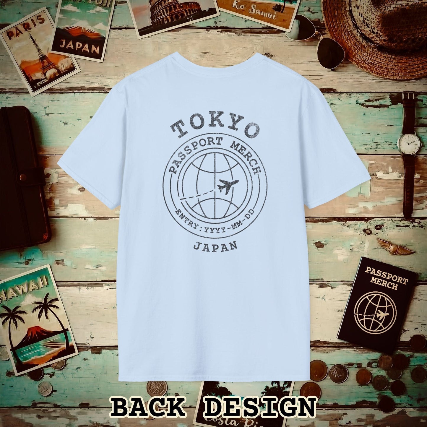 Brand Passport Stamp, Tokyo Japan, Back Print T-Shirt Light Blue / S