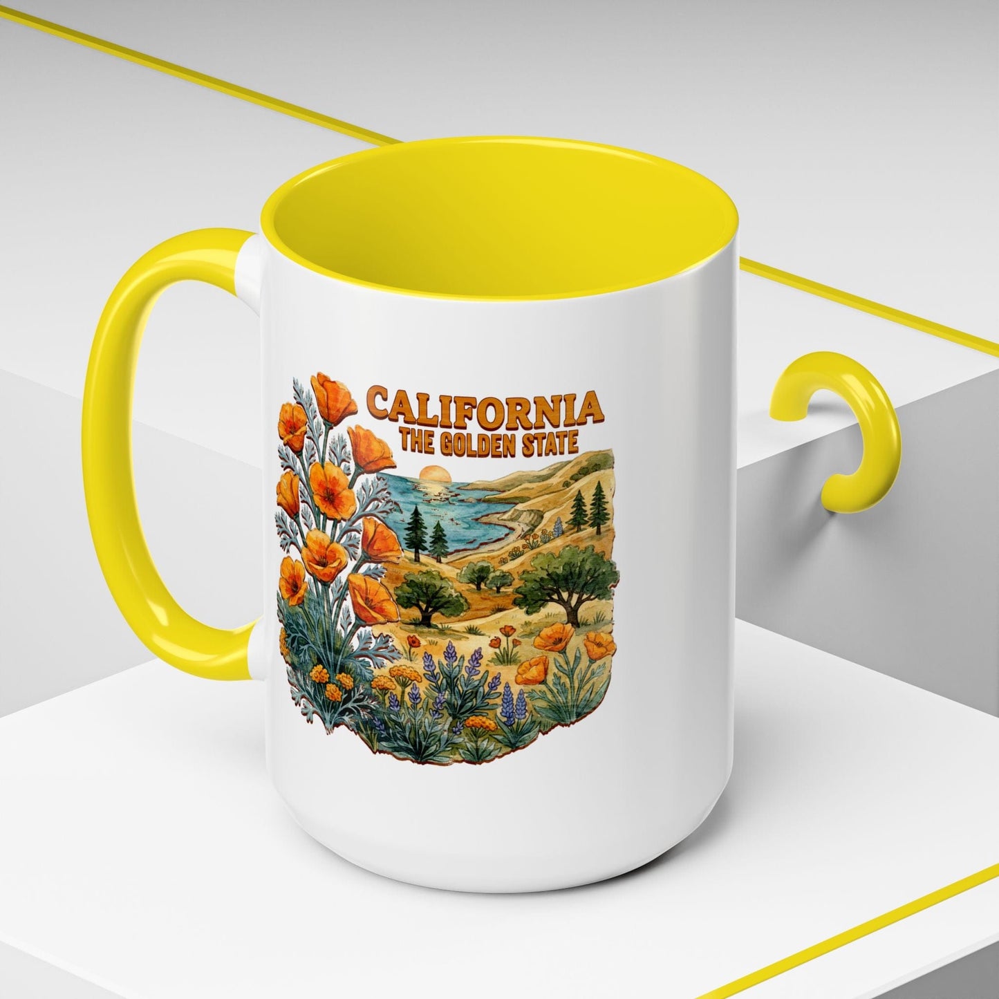 California Flowers in Watercolored Oak 15oz Mug Yellow / 15oz