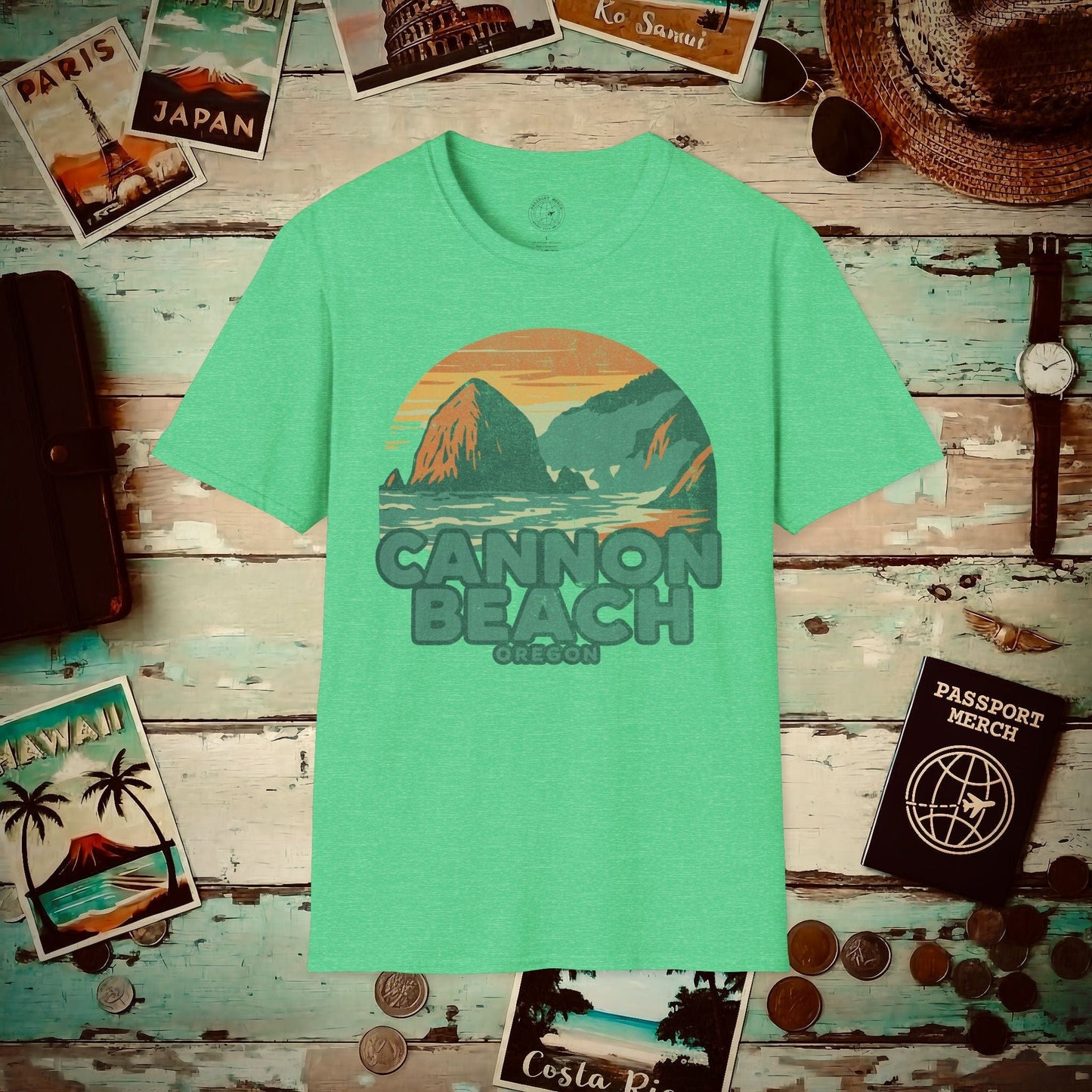 Cannon Beach, Oregon - 80's Vintage T-Shirt Heather Irish Green / S
