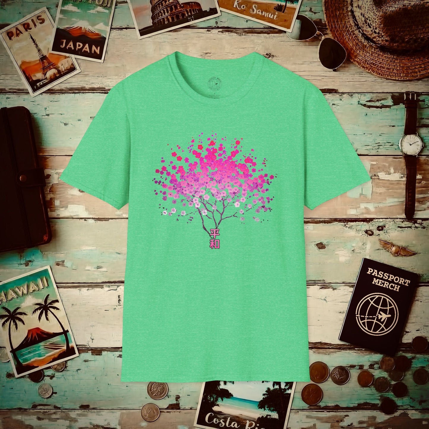Cherry Blossoms Growing from Peace Japan T-Shirt Heather Irish Green / S