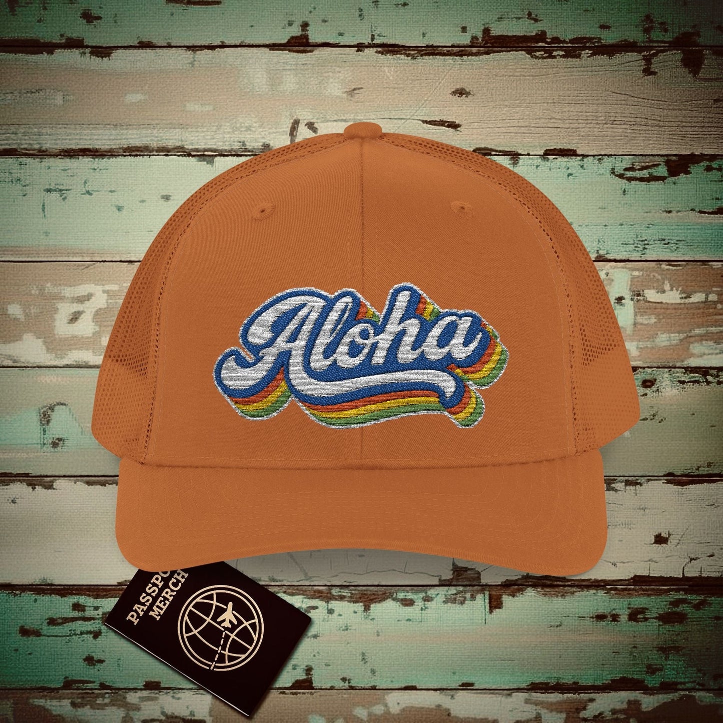 Classic 70s, Aloha, Hawaii Embroidered Trucker Hat Caramel / One size