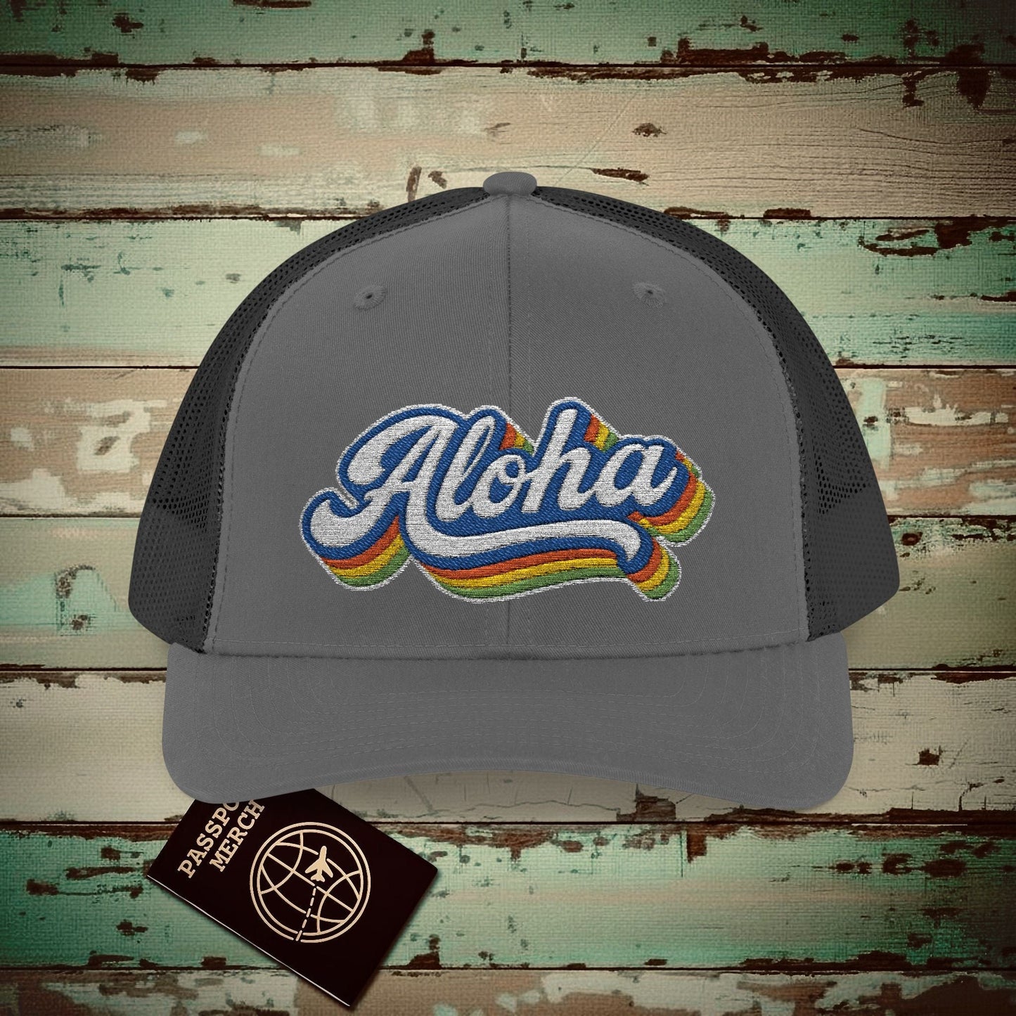 Classic 70s, Aloha, Hawaii Embroidered Trucker Hat Charcoal / Black / One size