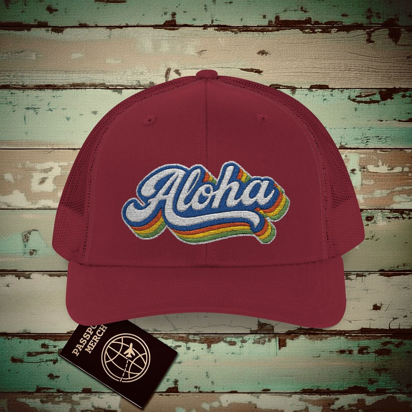 Classic 70s, Aloha, Hawaii Embroidered Trucker Hat Cranberry / One size