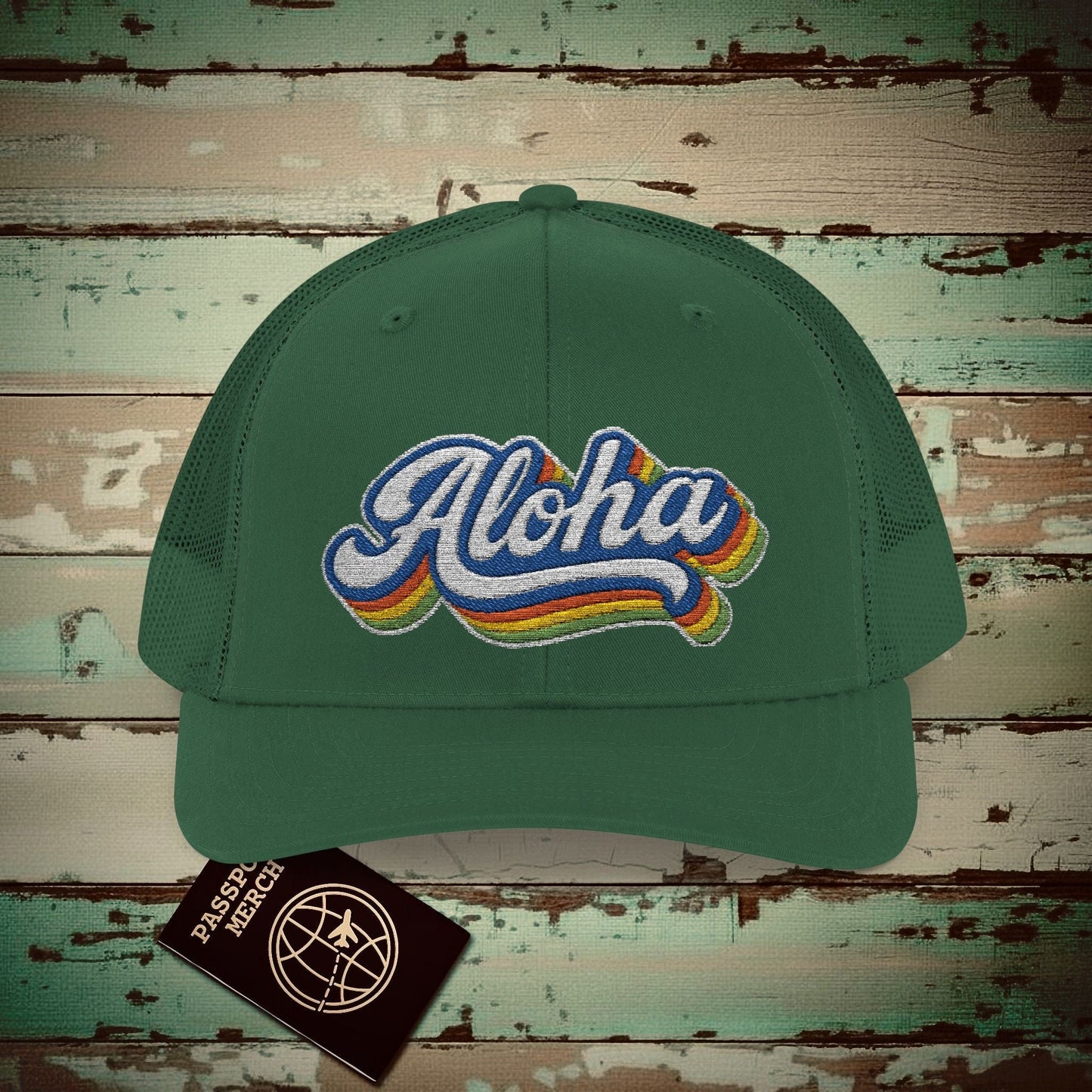 Classic 70s, Aloha, Hawaii Embroidered Trucker Hat Evergreen / One size