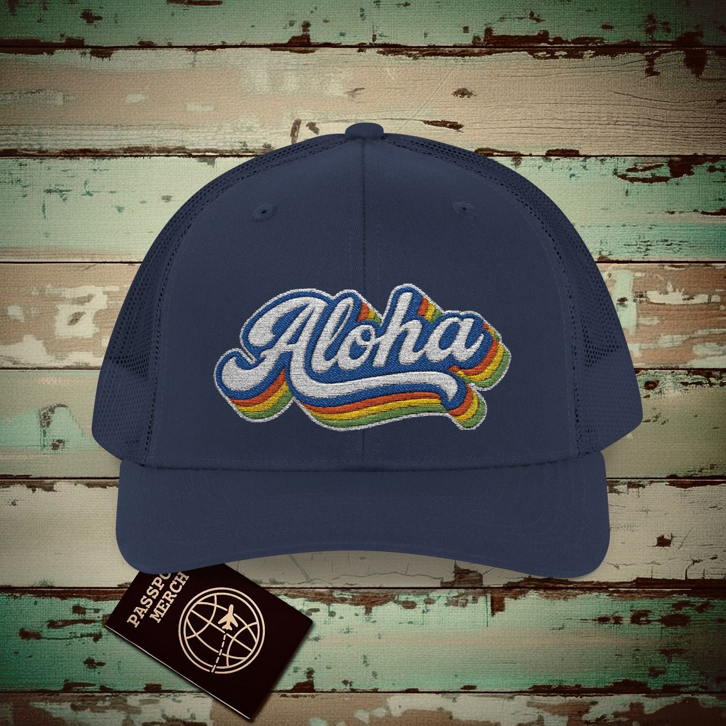 Classic 70s, Aloha, Hawaii Embroidered Trucker Hat Navy / One size