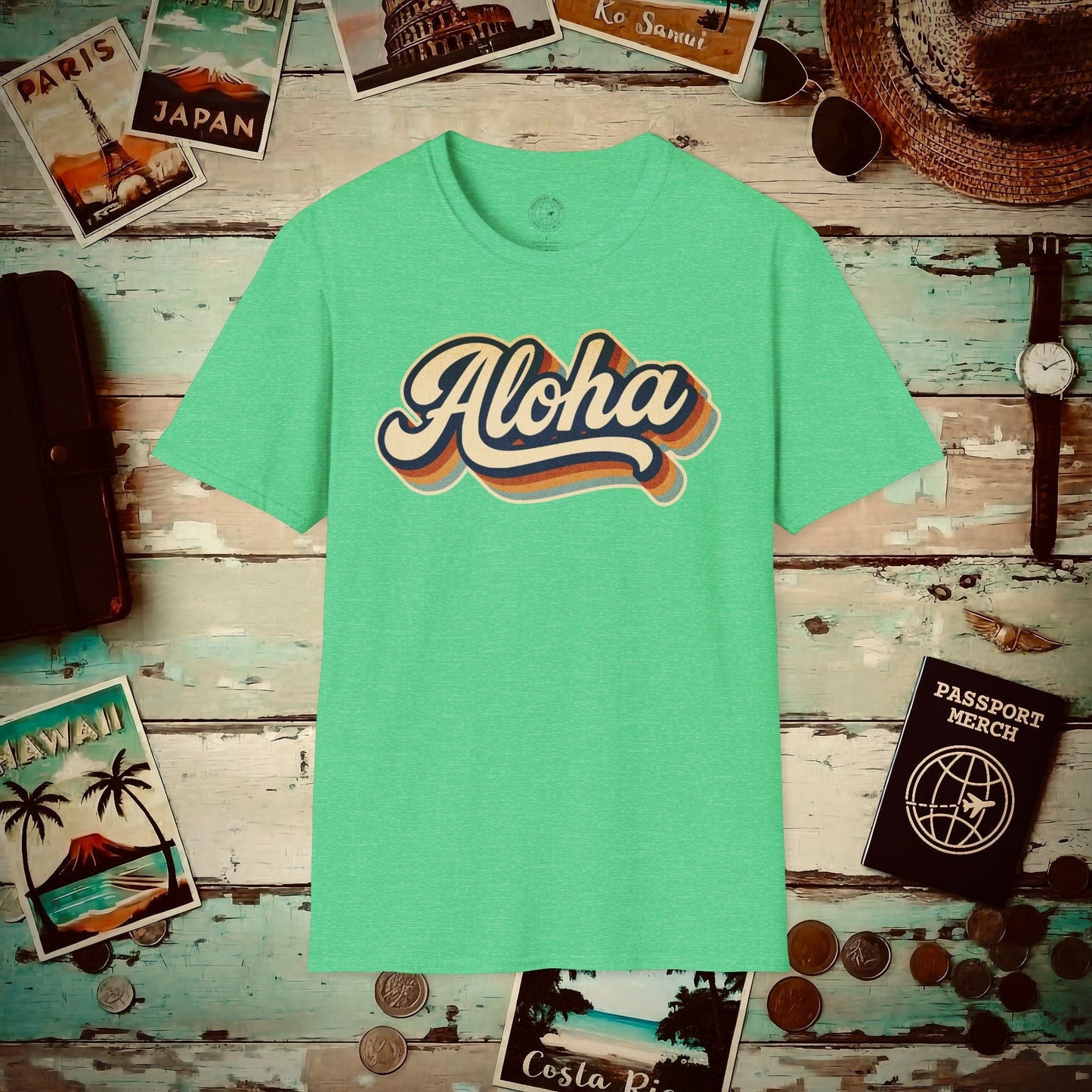 Classic 70s, Aloha, Hawaii T-Shirt Heather Irish Green / S