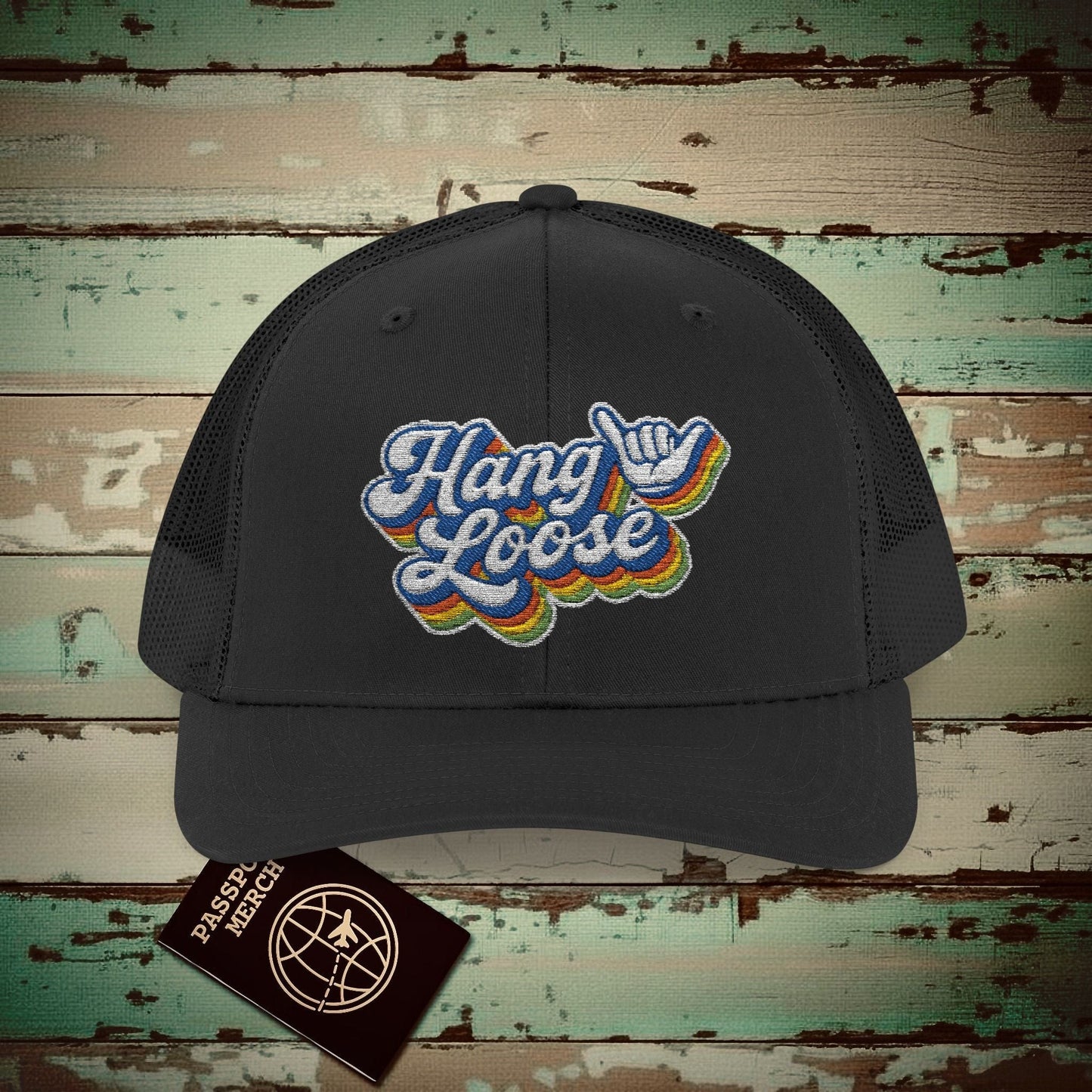 Classic 70s, Hang Loose, Hawaii Embroidered Trucker Hat Black / One size