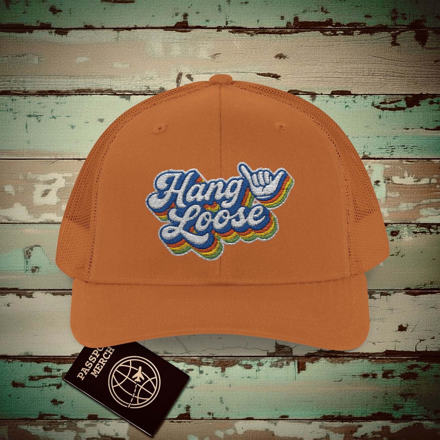 Classic 70s, Hang Loose, Hawaii Embroidered Trucker Hat Caramel / One size