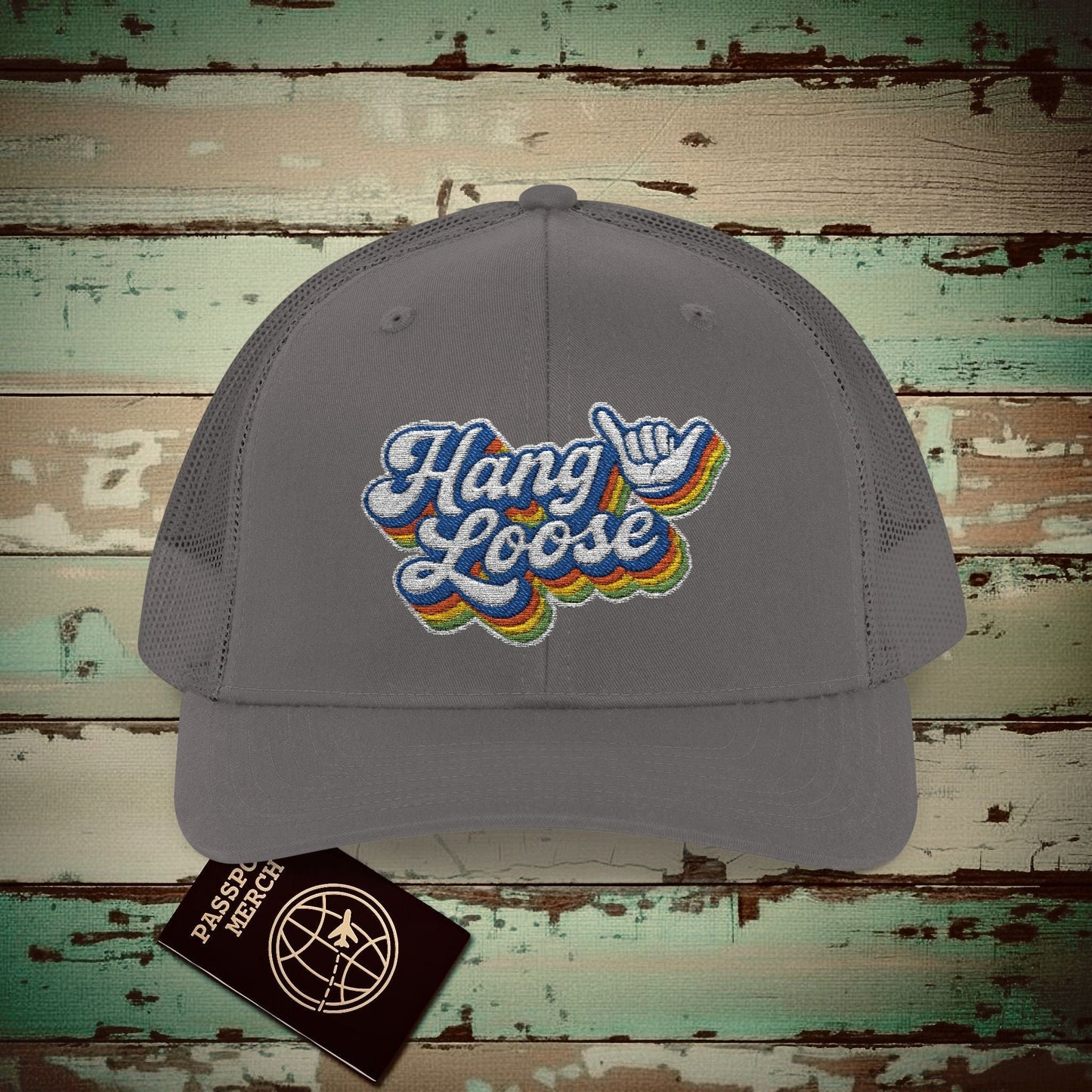 Classic 70s, Hang Loose, Hawaii Embroidered Trucker Hat Charcoal / One size