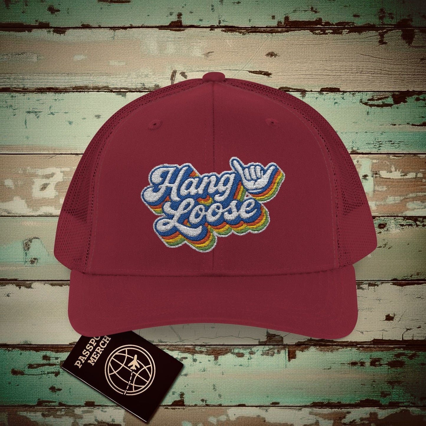 Classic 70s, Hang Loose, Hawaii Embroidered Trucker Hat Cranberry / One size