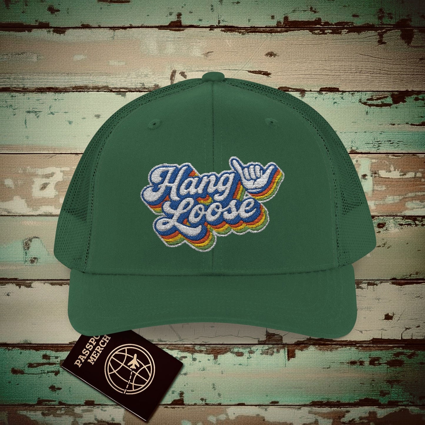 Classic 70s, Hang Loose, Hawaii Embroidered Trucker Hat Evergreen / One size